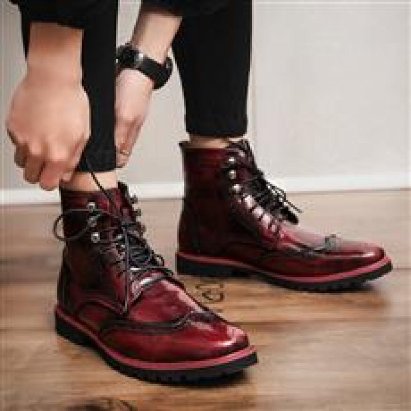 Men's Mid-Calf Lace-Up Boots - Red Business Casual Shoes with Round Toe, Breathable PU & Rubber Sole for All-Season Versatile Wear, Stylish Dress Boots for Office & Everyday Use