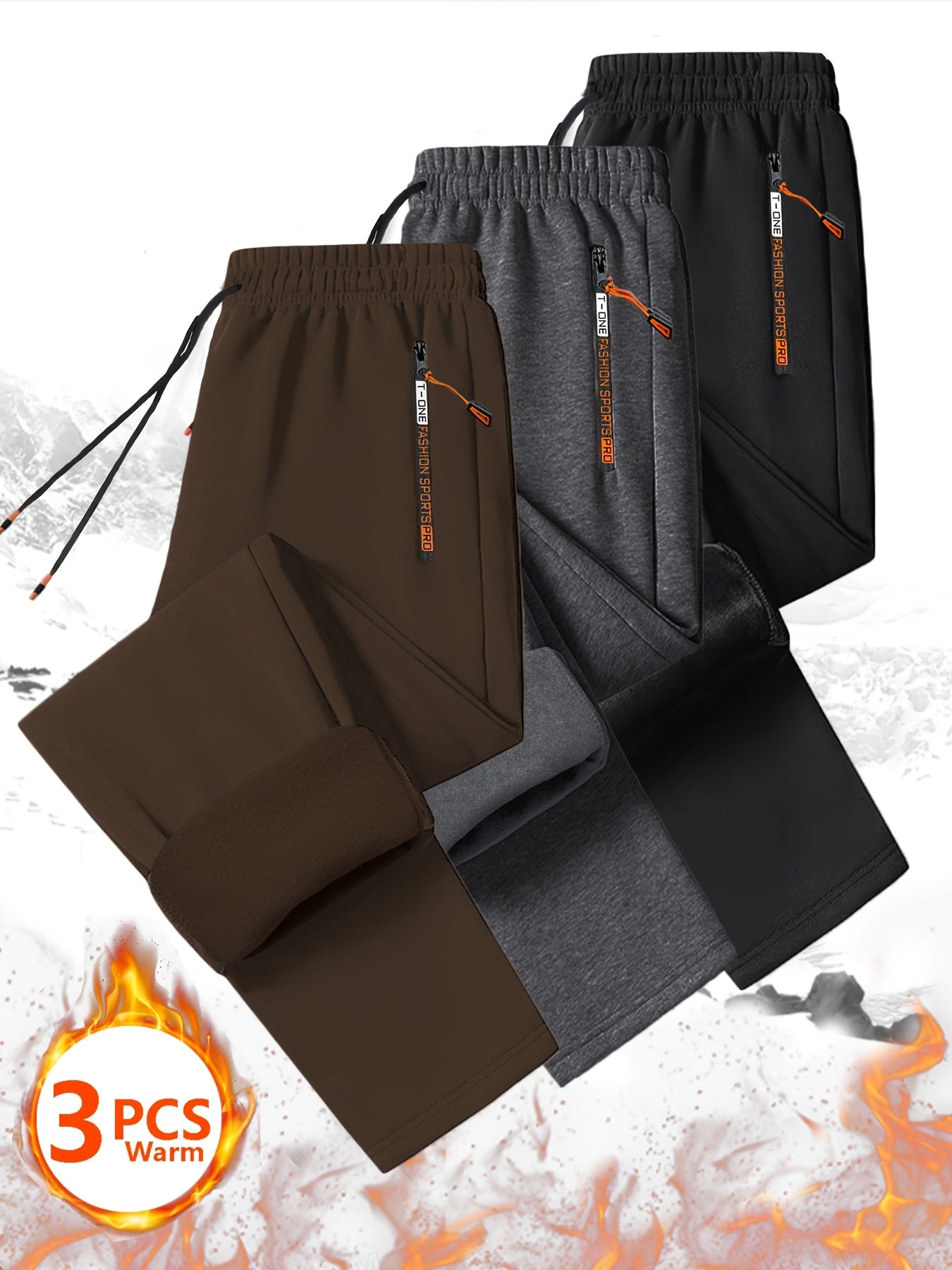 [Men's Fleece Sweatpants Set] Set of 3 Men's Cozy Fleece Sweatpants with Zippered Pockets - Drawstring Waist for Casual Wear, Track Activities, Workouts & Outdoor Running