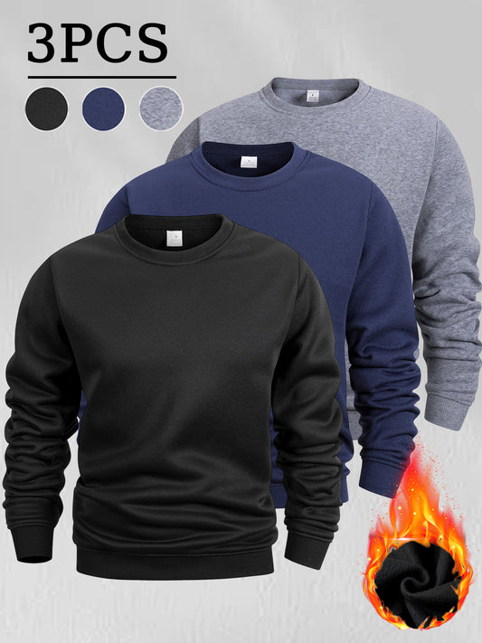 3pcs Men's Solid Color -Lined Crew Neck Casual Sweatshirt Set, Solid Color Slightly Stretchy Simple Fashion Hoodless Sweatshirt Three-Piece Set, Suitable for Autumn and Winter, Machine Washable, Can Be Layered or Worn Alone,