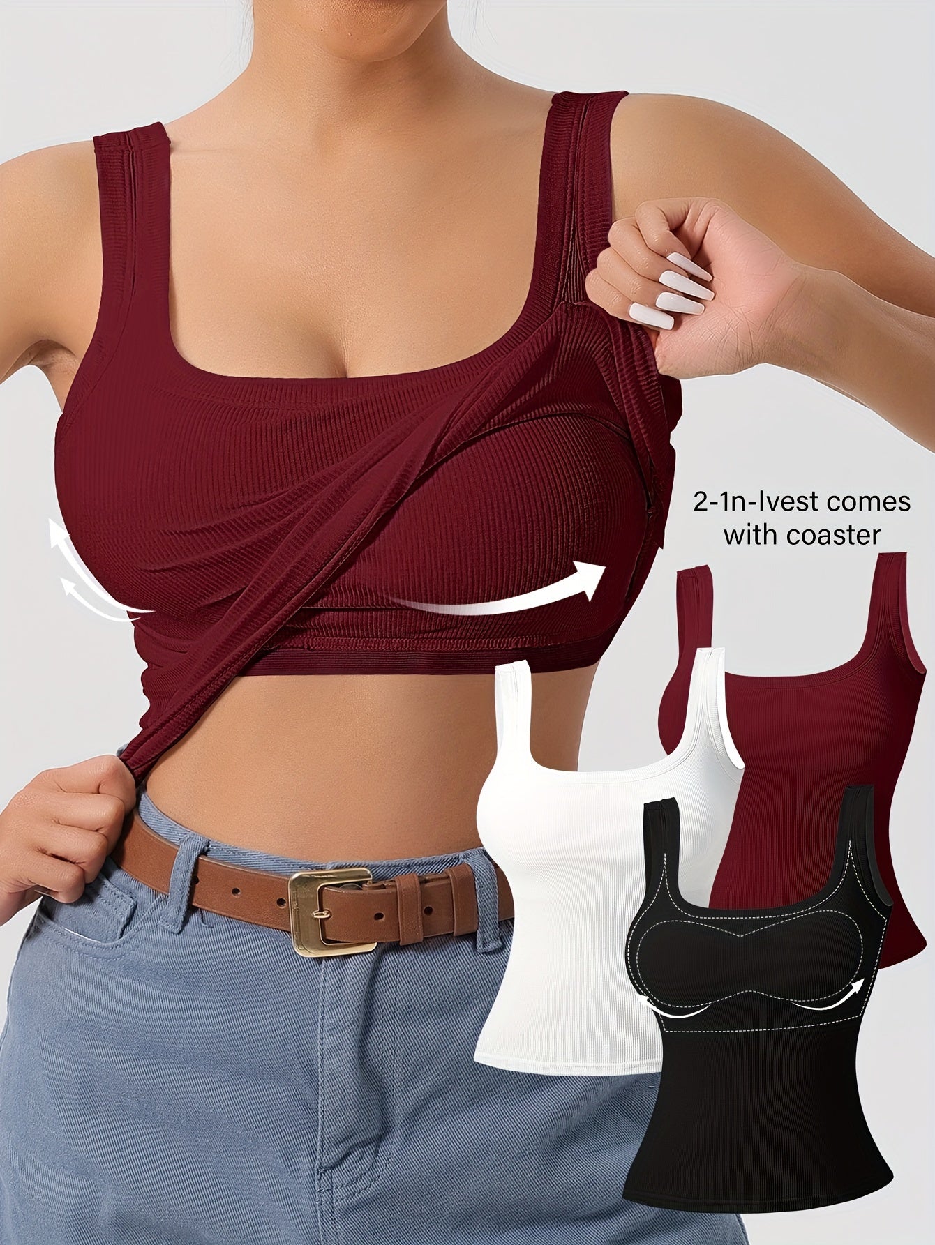 Women's 3Pcs U-Back Tank Tops With Removable Pads, Slim Fit Solid Color Versatile Inner & Outerwear Camisole Vest Set Casual Style