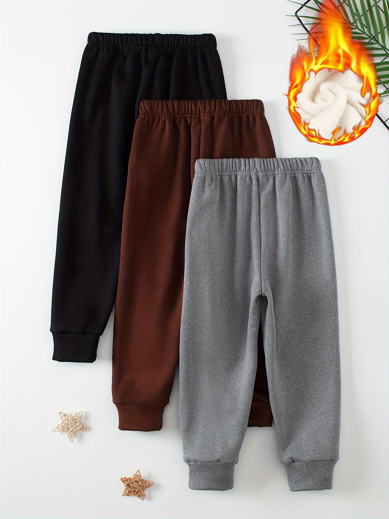 [Fleece-Lined Boys' Joggers] 3-Pack Boys' Fleece-Lined Joggers | Fashionable Loose-Fit Drawstring Pants with Side Stripes, Solid Color Patchwork, Black + Gray + Khaki Combo, Elastic Waistband for Outdoor, Casual & Warm Winter