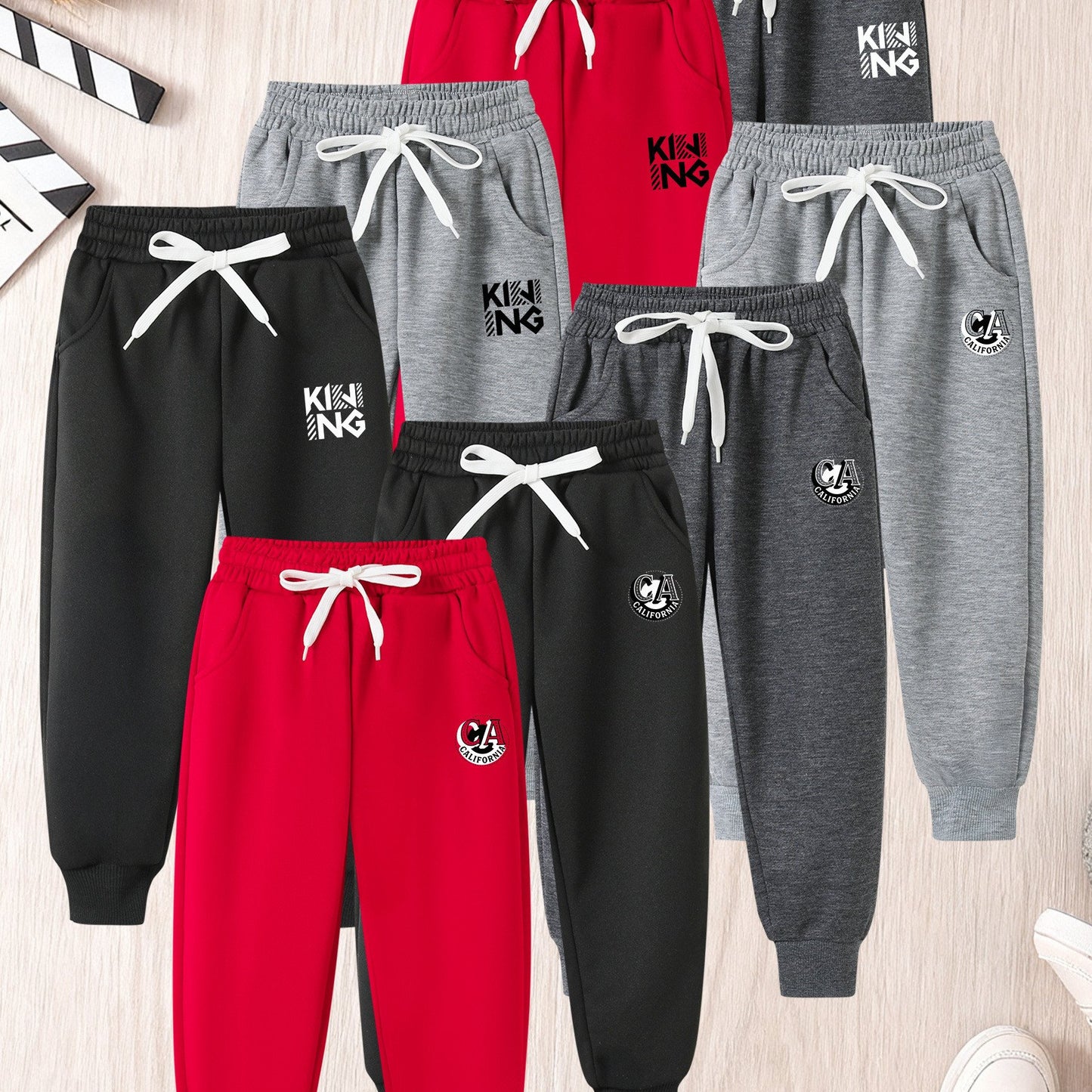 8pcs Boys' Long Pants Set with Elastic Waist & Adjustable Drawstring - Soft Breathable Athletic Pants with Pockets, Multi-Color (/Red/Grey) for Active Play & Casual Attire - Winter Warmth, Easy On/Off, Durable 'rousers for Sc