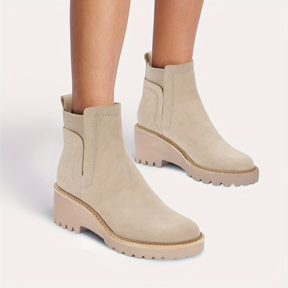 Women's Chunky Heel Boots - Slip-On Ankle High, Non-Slip Cover Cover, Thick Sole, Round Toe, Beige, Fashionable Short Boots for Casual Attire, Semiformal Boots | Modern Boots | Suedelike Boots