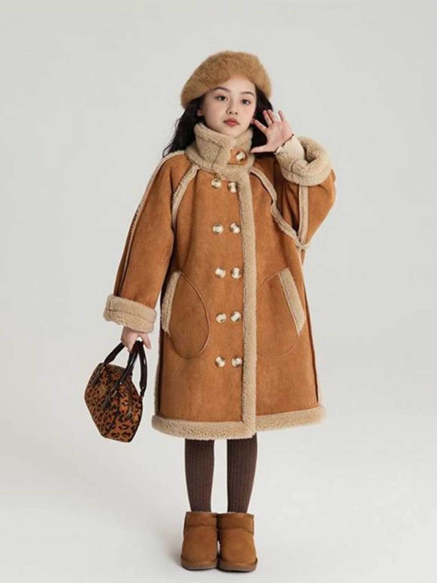 Girls' Reversible Winter Shearling Coat with - Thickened Double-Breasted Jacket, Thick Warm Outerwear for, Playdates & Cold Weather (Machine Washable) | Solid Color Fuzzy Shearling for