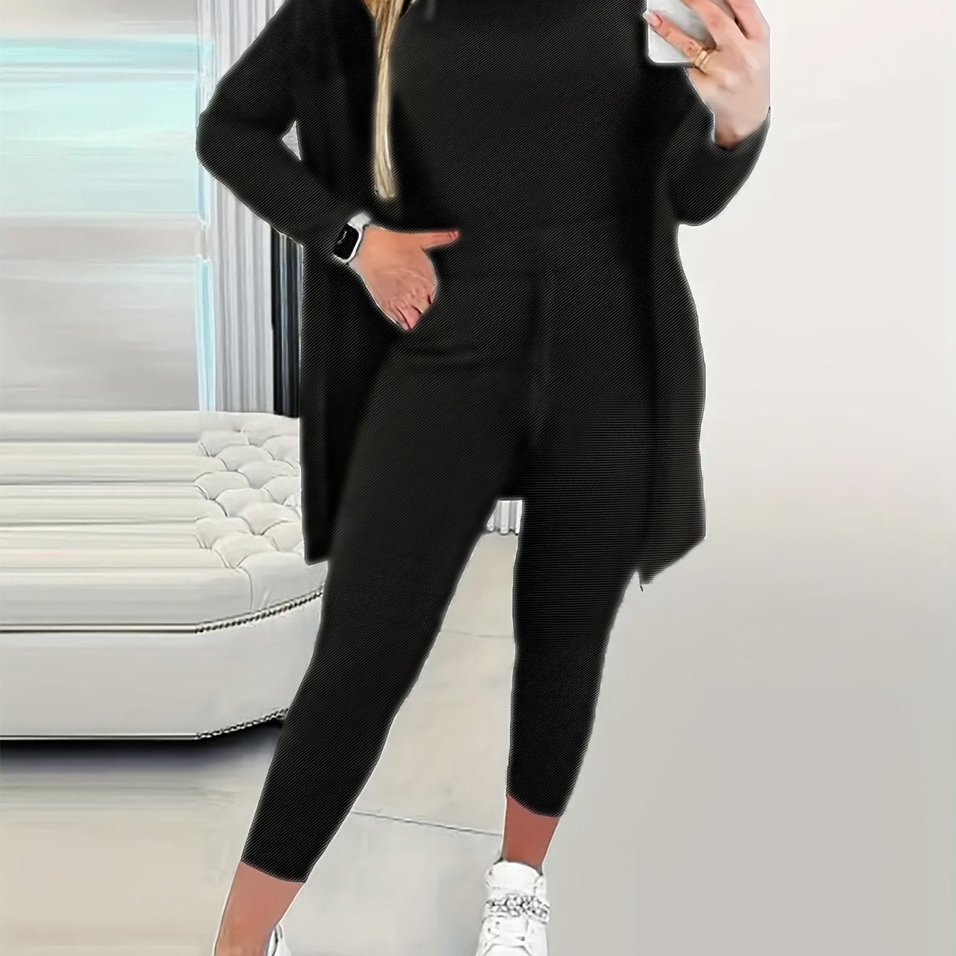 [Women's 3-Piece Set] Women's Fashion Three-Piece Set - Solid Color Long-Sleeved Long Pants Suspender Home Wear Set