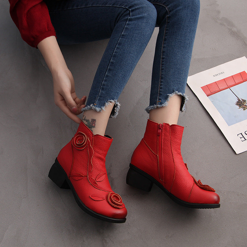 Women'S Genuine Leather Chunky Mid-Heel Ankle Boots with Hand-Stitched Floral Design - Round Toe Zipper Closure, Retro Western Style, Plush & Cushioned Insole, Red/ Colorway, Durable Rubber Sole - Hand Washable Winter Boots f