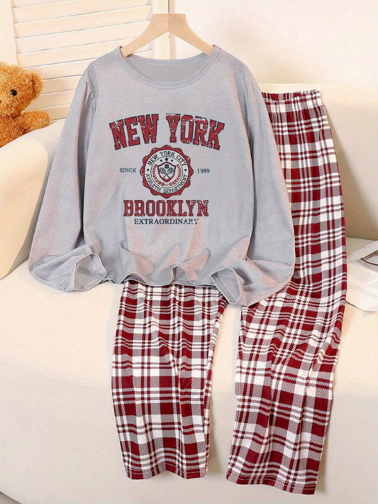 2pcs ' New York & Brooklyn Graphic Print Sweater & Plaid Pants Set - Cozy Fall/Winter Casual Outfit, Long Sleeve Round Neck Pullover with Red & White Checkered, For Teenager, Perfect For Outdoor Activities, Teenager Clothing