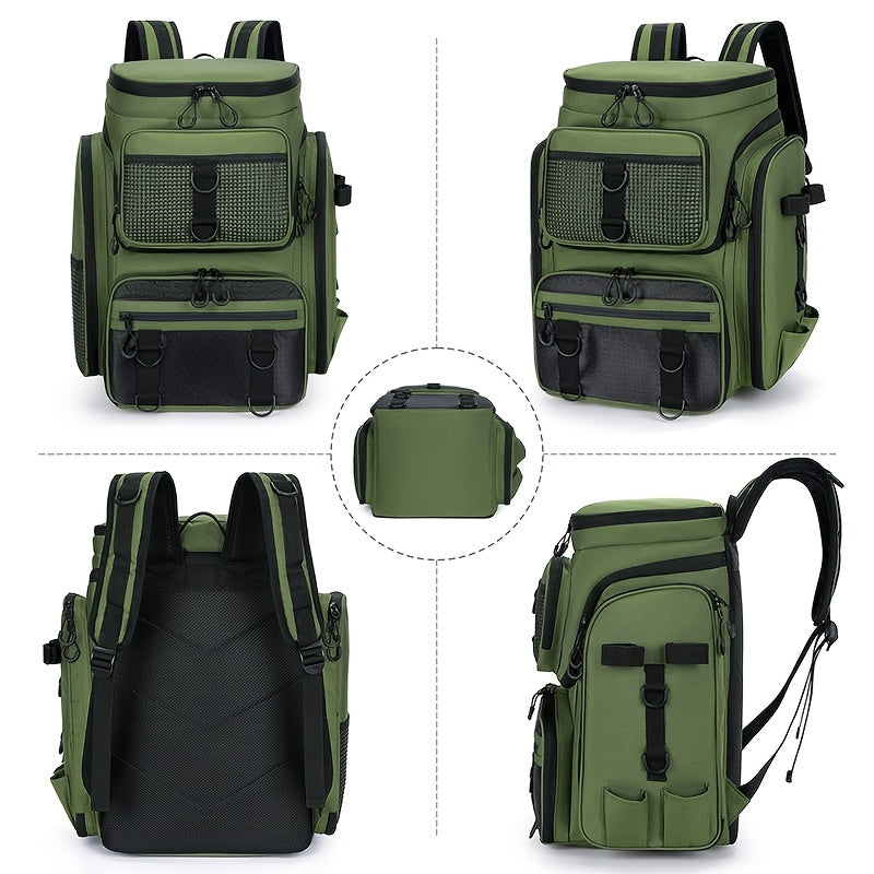 Large Capacity Heavy-Duty Multi-Functional Lure Backpack - Heavy Fishing Rod Holder, Tackle Storage Bag with Multiple Compartments, Durable Outdoor Travel Backpack for &,, Camping, Hunting (Khaki, Zipper Closure)