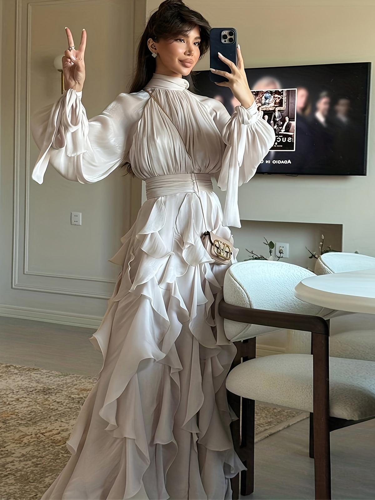 Beige Ruffle Maxi Dress | High Neck Sash Design Architectural Tailoring Multi-Layer Cascading Hem Wedding Banquet Elegant Gown