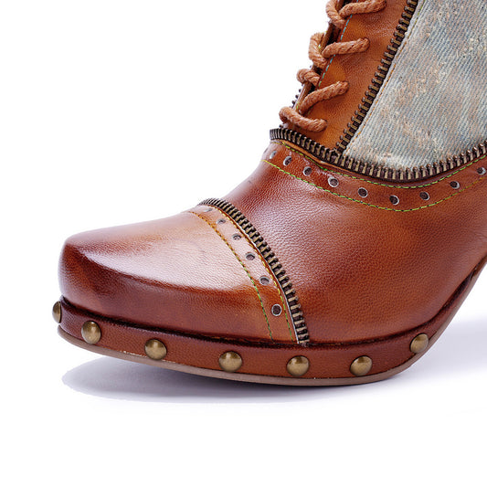Women'S Handmade Full-Grain Cover Motorcycle Boots - European & American Style Lace-Up Ankle/Thigh-High Boots with Buckle Strap, Round Toe, Arch Support & Non-Slip Rubber Sole, Brown/Blue Washed Color for Casual & Formal Outf