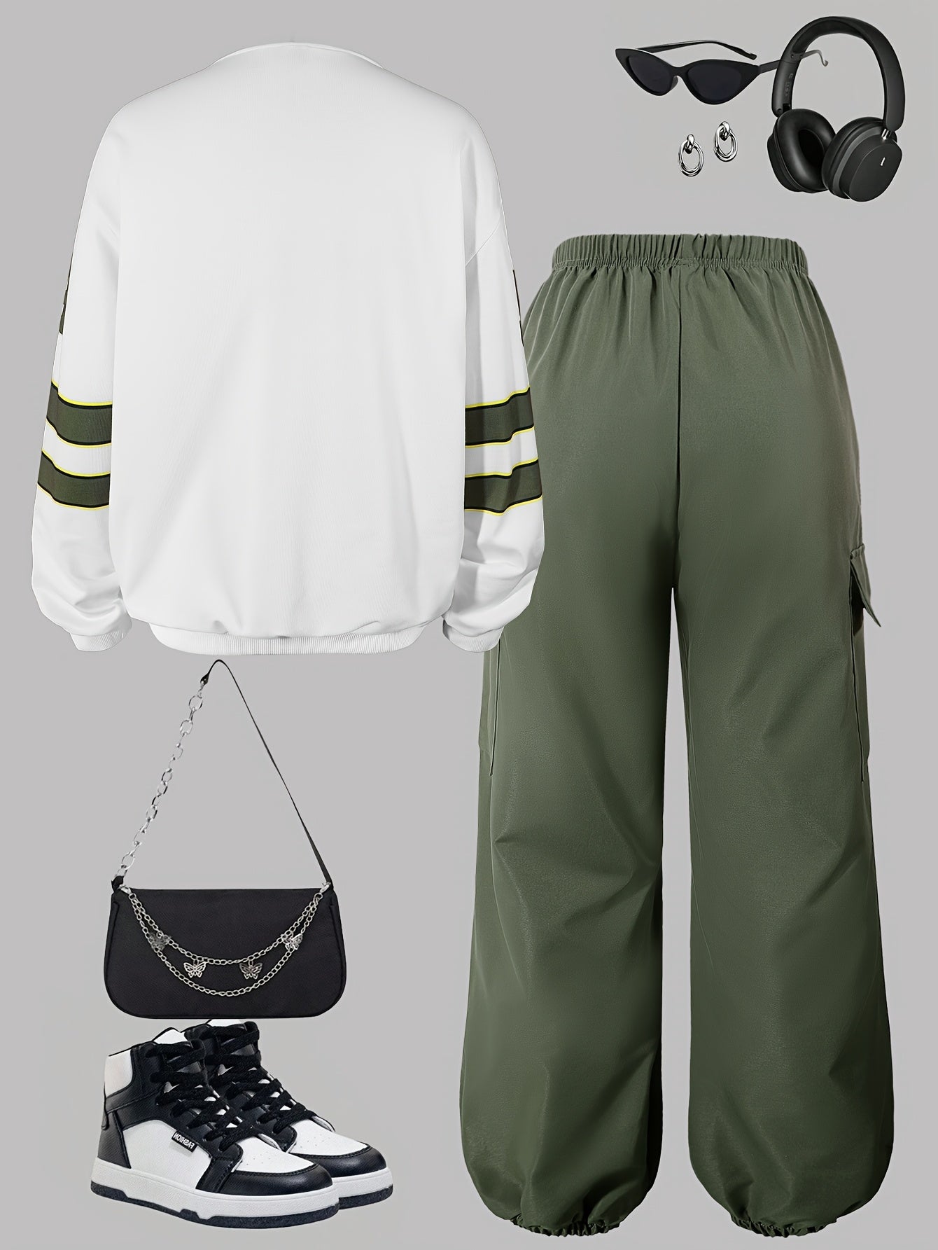 [Two-Piece Set] Teen Girl Fall/Winter Casual Set: Off-Shoulder Top with Side Pockets and Drawstring Cargo Pants, Fashion Letter-Print Long Sleeve Sweatshirt Pullover and Cargo Pants Two-Piece Set, Perfect for Outdoor, for Tee