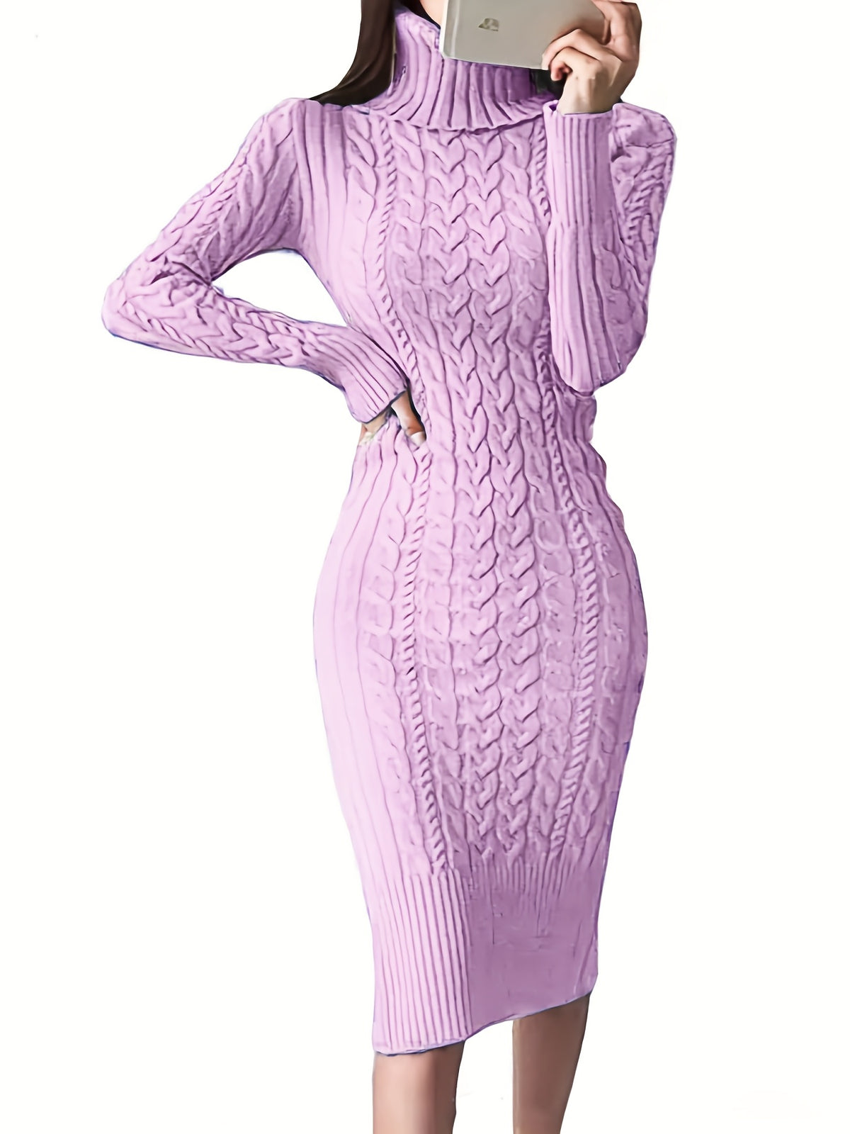 Womens Fashion Long Sleeve Turtleneck Sweater Dresses Knitted Bodycon Midi Sheath Jumper Dresses