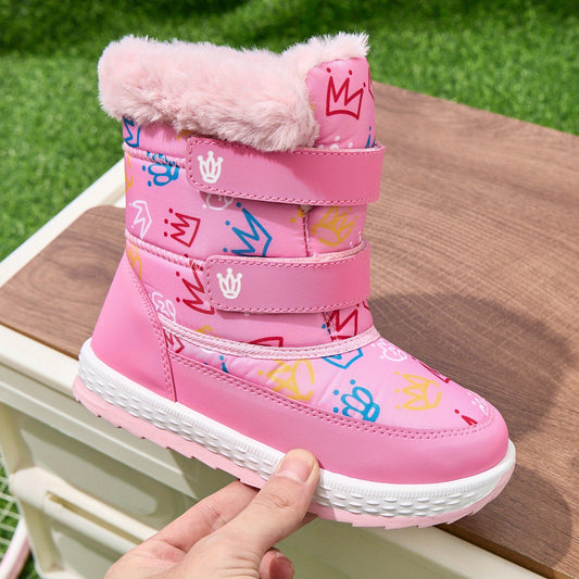 DACLAY Girls' & Boys' Slip-On Snow Boots - All-Season Winter Boots with Non-Slip EVA Sole, Soft Fabric Lining - Pink with Crown, for Toddler to Kids (Easy Slip-On Closure, Lightweight Cold Weather Footwear) - Ideal Birthday o