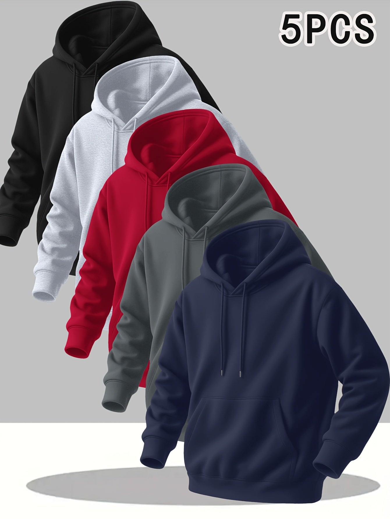 5pcs Solid Color Men's Hooded Long Sleeve Sweatshirts with Kangaroo Pocket - Breathable Pullover Sweaters, Machine Washable Outdoor Gym Jogging Wear, Spring/Fall Casual Layering (Regular Fit, 5pcs Bulk Order Discount)