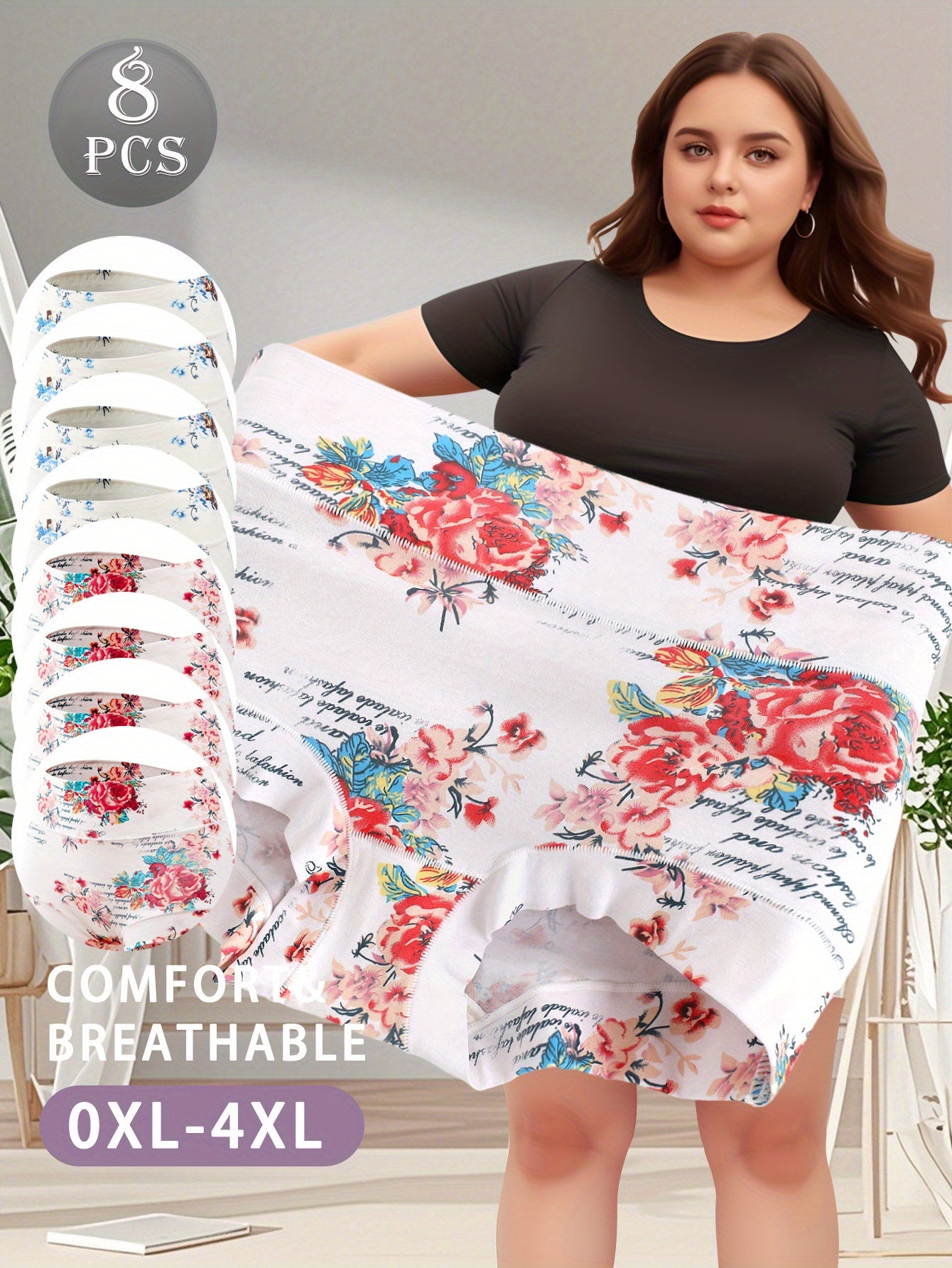 QUASTI 8pcs Comfy Floral Print Triangle Plus-size Panties- Soft, Breathable, Stretchy, And Intimates for Women- Lingerie And Underwear Essentials for Everyday Comfort Elegant Design, High Cut Panties for Women Plus Size, Plus