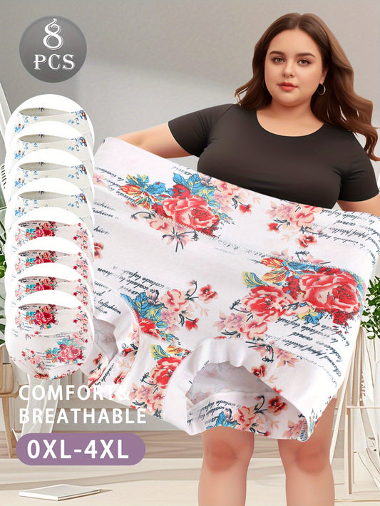 QUASTI 8pcs Comfy Floral Print Triangle Plus-size Panties- Soft, Breathable, Stretchy, And Intimates for Women- Lingerie And Underwear Essentials for Everyday Comfort Elegant Design, High Cut Panties for Women Plus Size, Plus