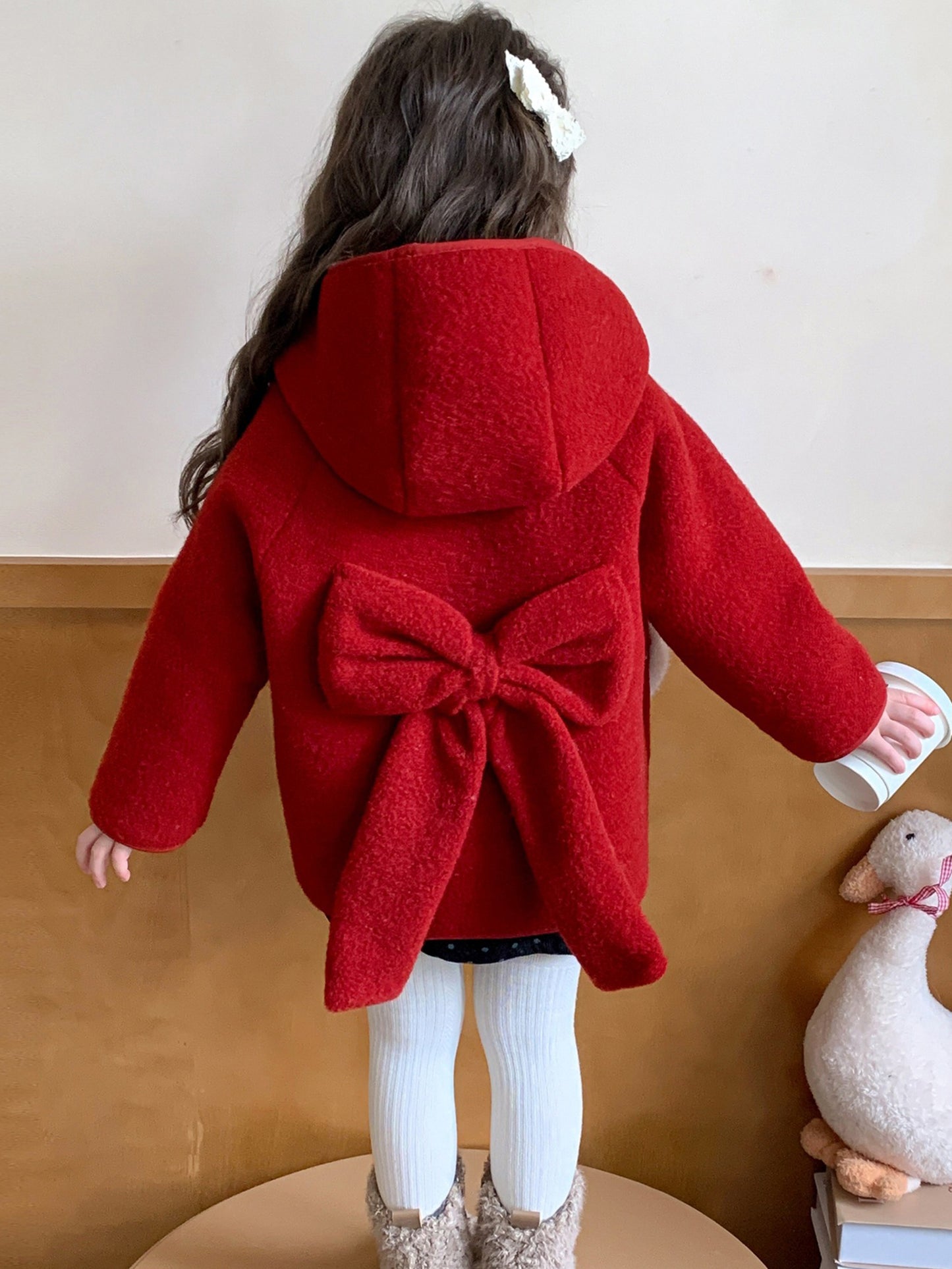 Girls' Winter Coat with Hood - Thickened Warm Outerwear, Red Cold Weather Jacket, Handmade Large Bow & Pockets for Everyday & Formal Events - Elegant 'uterwear, Seasonal Fashion, Stylish ' Wear, Embroidered Details, Cozy Flee