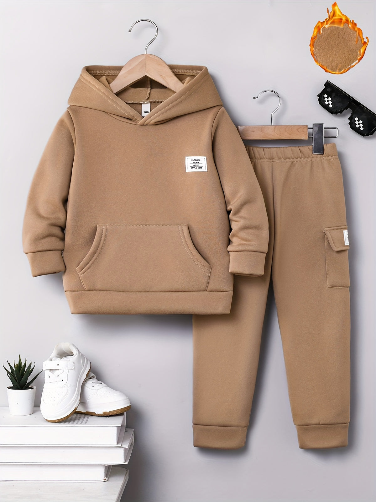 [Warm Hooded Sweatshirt] 2pcs Boys' Winter Warm Hooded Sweatshirt & Pants Set | 100% Polyester Knit Outfit with Chest Pocket, Elastic Waist Pants | Soft Casual Play Clothes for Outdoor Activities & Casual Attire - Cozy Kids'