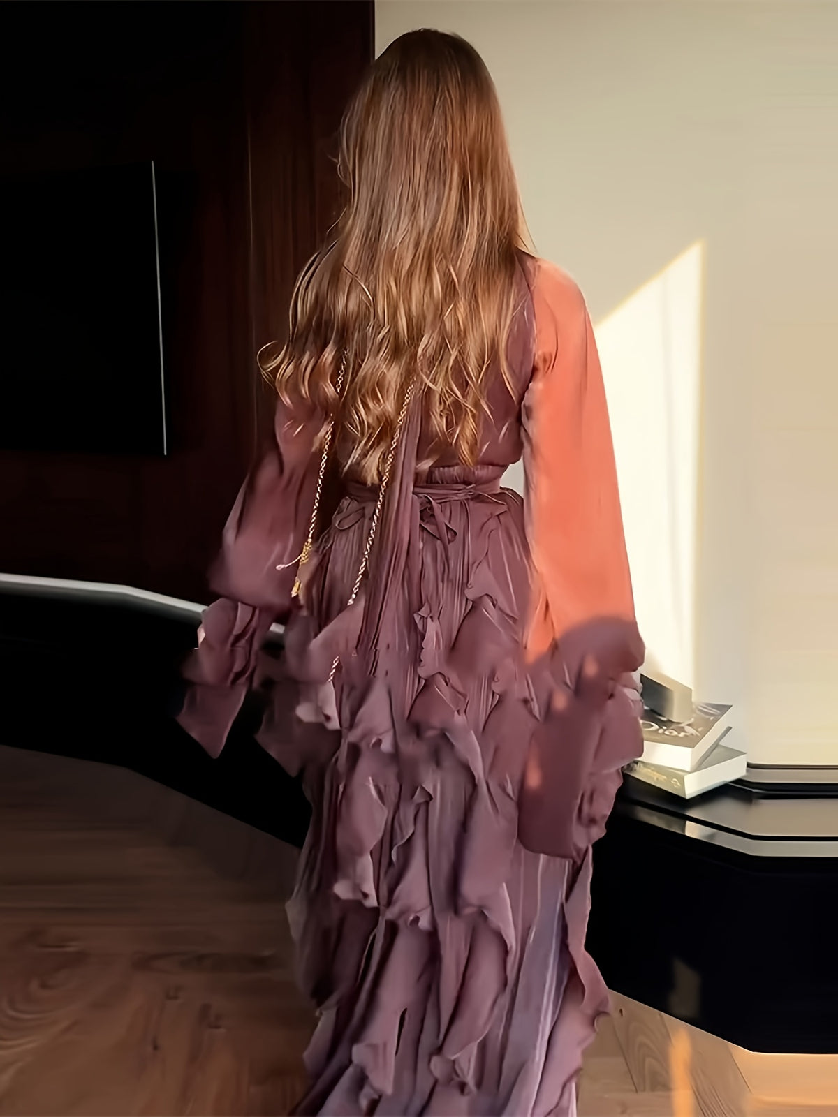 Beige Ruffle Maxi Dress | High Neck Sash Design Architectural Tailoring Multi-Layer Cascading Hem Wedding Banquet Elegant Gown