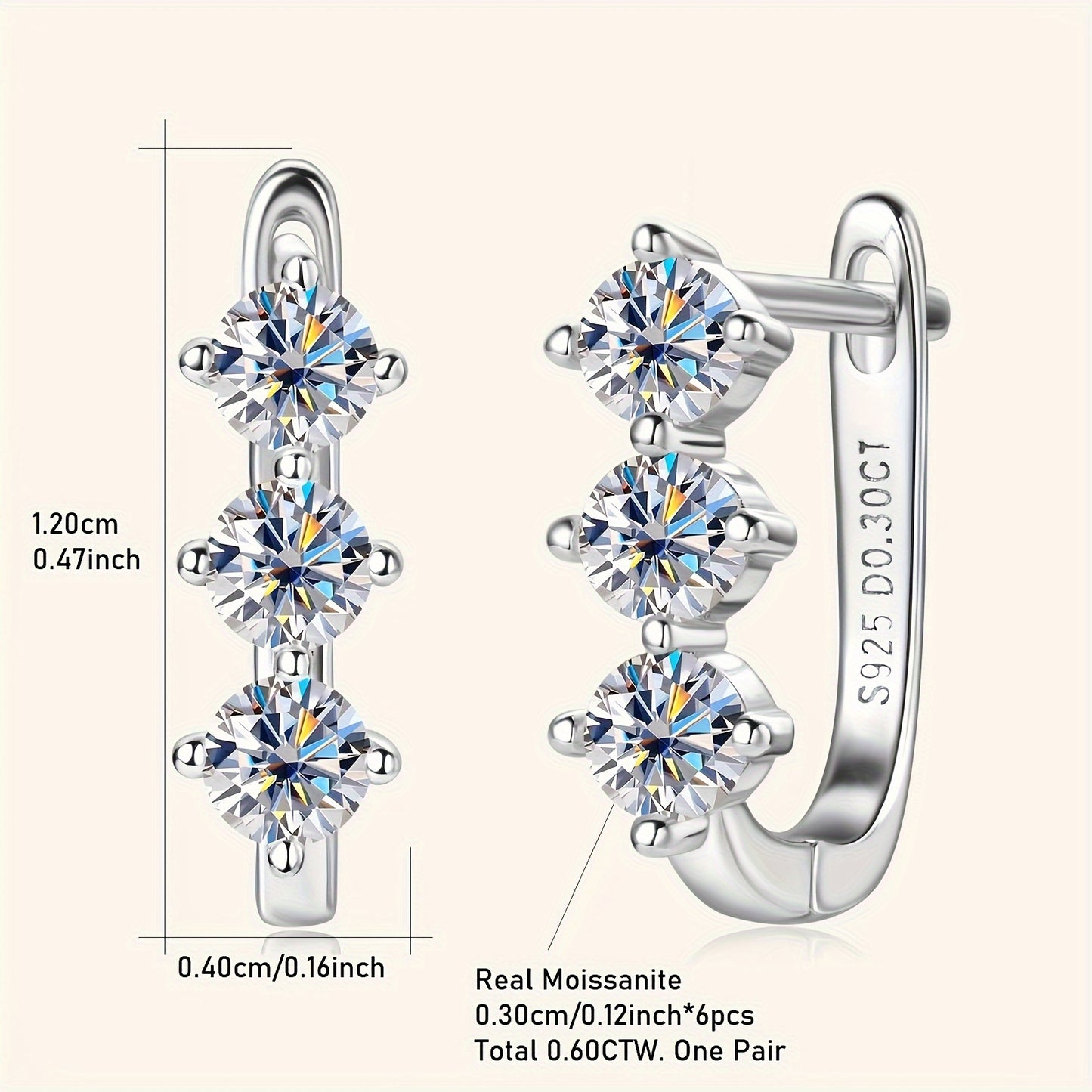 S925 925 Sterling Silver moissanite Earrings - Elegant 0.3Ct*2pcs moissanite Jewelry / Women'S Fashionable Hoop Earrings And Studs - Perfect Thanksgiving Gift for Family / Mother'S Day Studs / Christmas Earrings - Birthday Gi