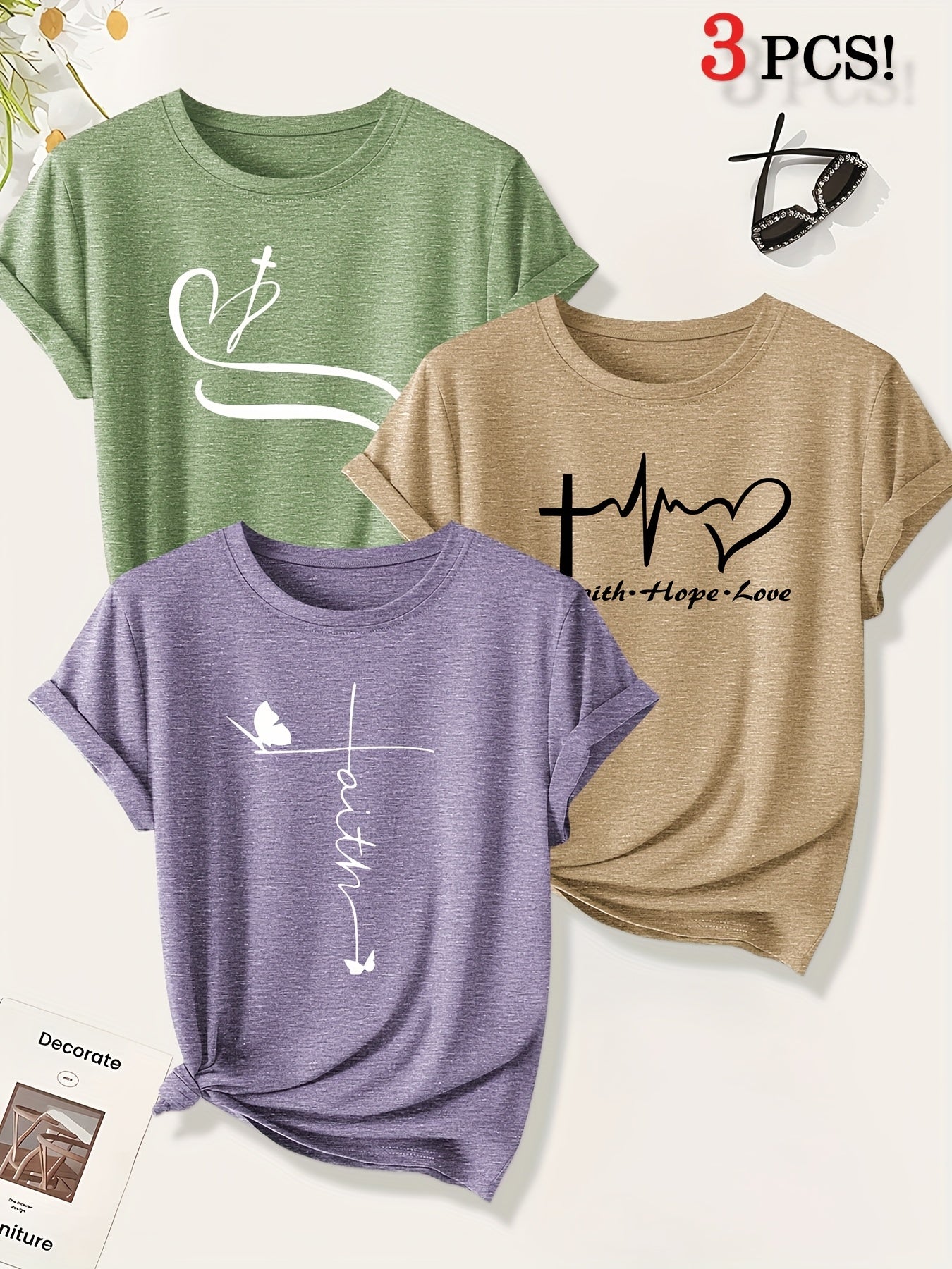 [Christian Cross T-Shirts] A Set of Three Women's Christian Cross Pattern Short-Sleeve T-Shirts Featuring Crosses, Hearts, And Butterfly Prints, Perfect for Casual Summer Wear. Stylish, Elegant, And Versatile, Available in Mu