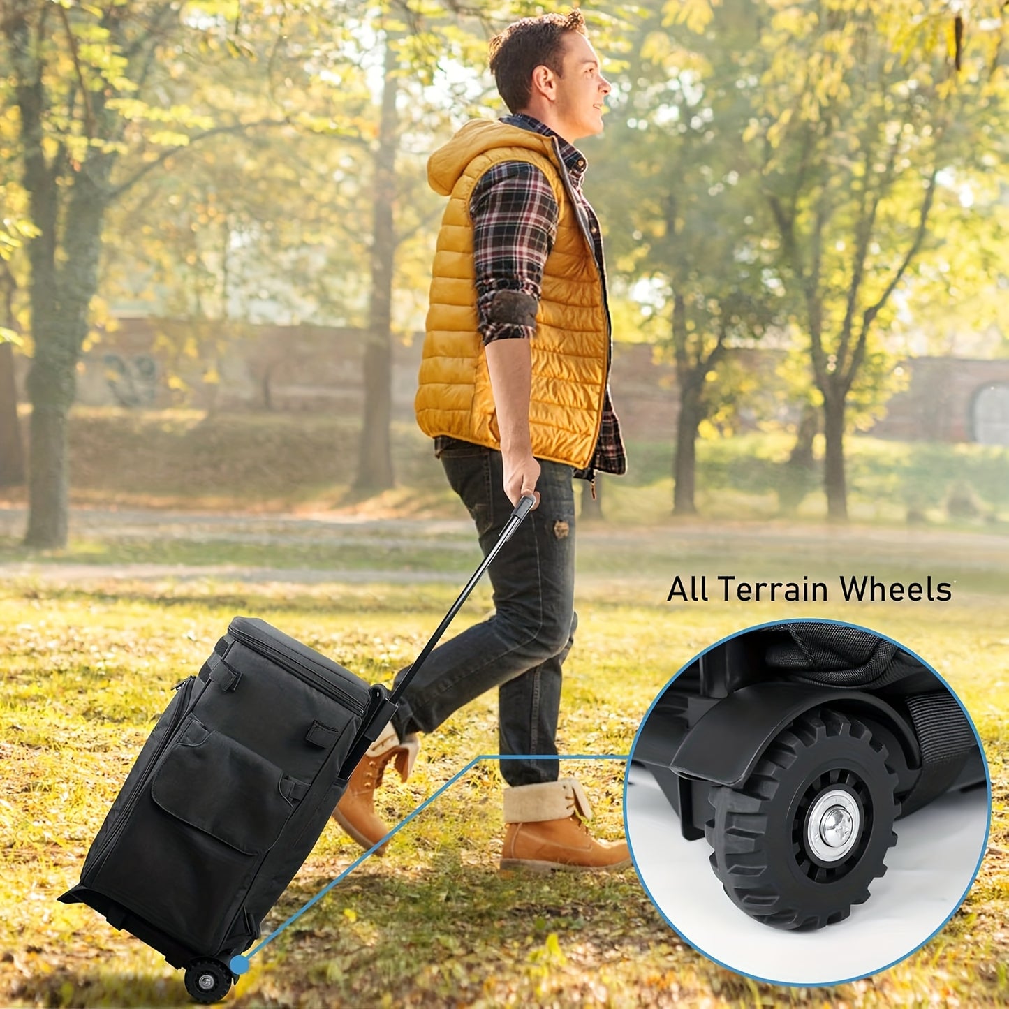 Large Fishing Bag on Wheels Featuring a Rolling Tackle Box with a Cooler, Designed for Five Trays (Trays Not Included). This Saltwater-Resistant Tackle Backpack Includes Rod Holders And a Bottom for Storing Gear, Poles, And L