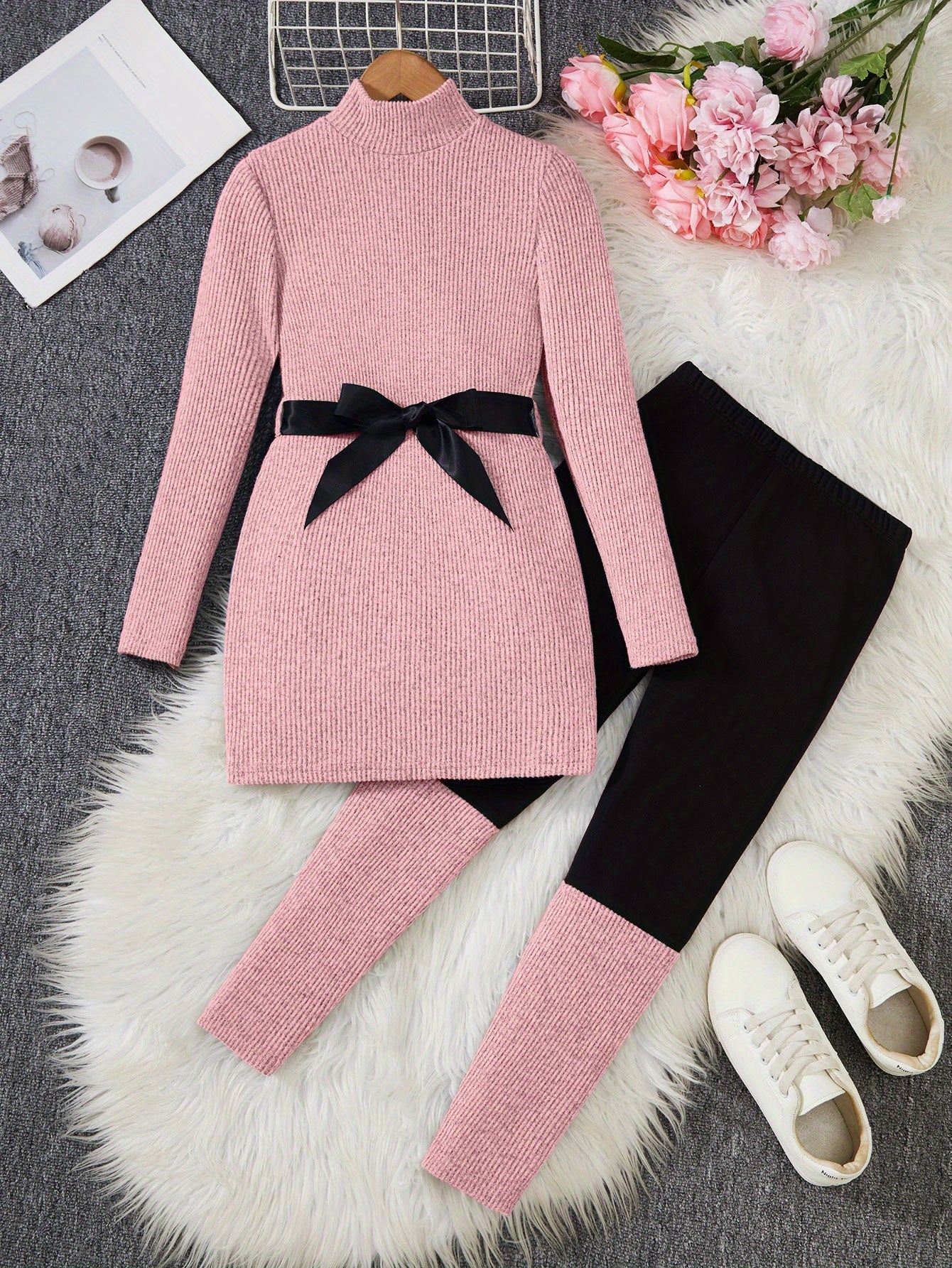 [Perfect for fall winter wear] 2pcs Girls' Autumn/Winter Set: High-Neck Long Sweater Dress with Contrast Patchwork Leggings - Fashion Casual Minimalist Style for Daily Outdoors, School Gathering, Back-to-School Season Fall Wi