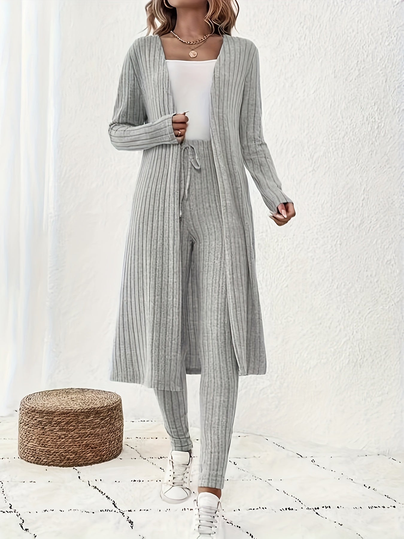 New Women'S Brushed Wide Ribbed Solid Color Long Sleeve Long Cardigan And Pants Set