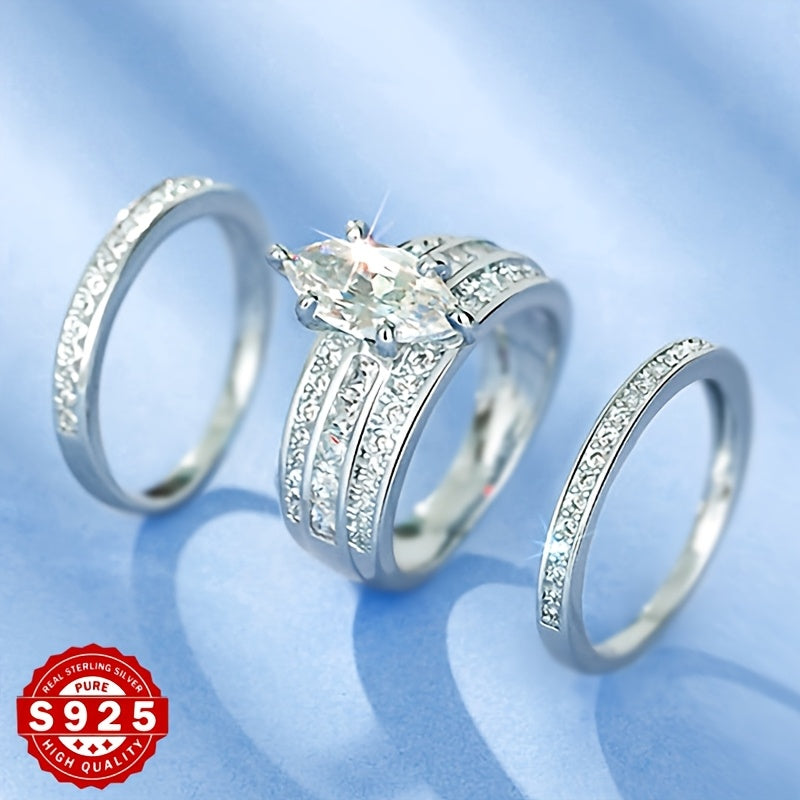 [Luxury Marquise Ring Set] Luxury S925 Silver Marquise Art Design Three-Piece Set Of Rings | Fashion Creative Engagement Wedding, Dating Party, Birthday, Valentine's Day, Holiday Gifts - Exquisite Elegant Light Luxury Daily W