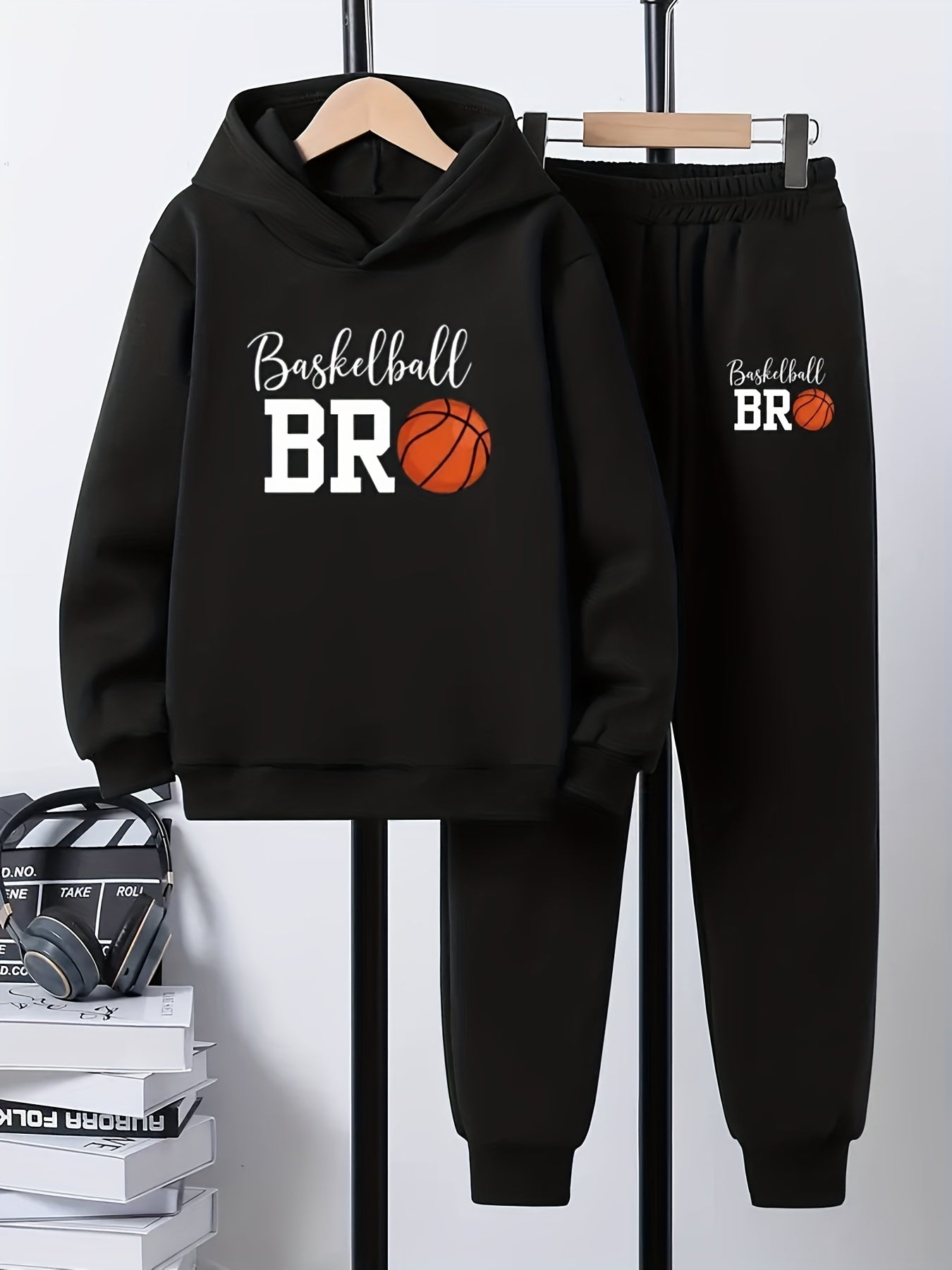 2pcs Boys' Basketball Outfit Set - Hoodie & Joggers with BR Print, Thick Winter Warmth, Machine Washable Casual Playwear for School & Practice, for Outdoor, Perfect For Youngsters' Sports & Activities