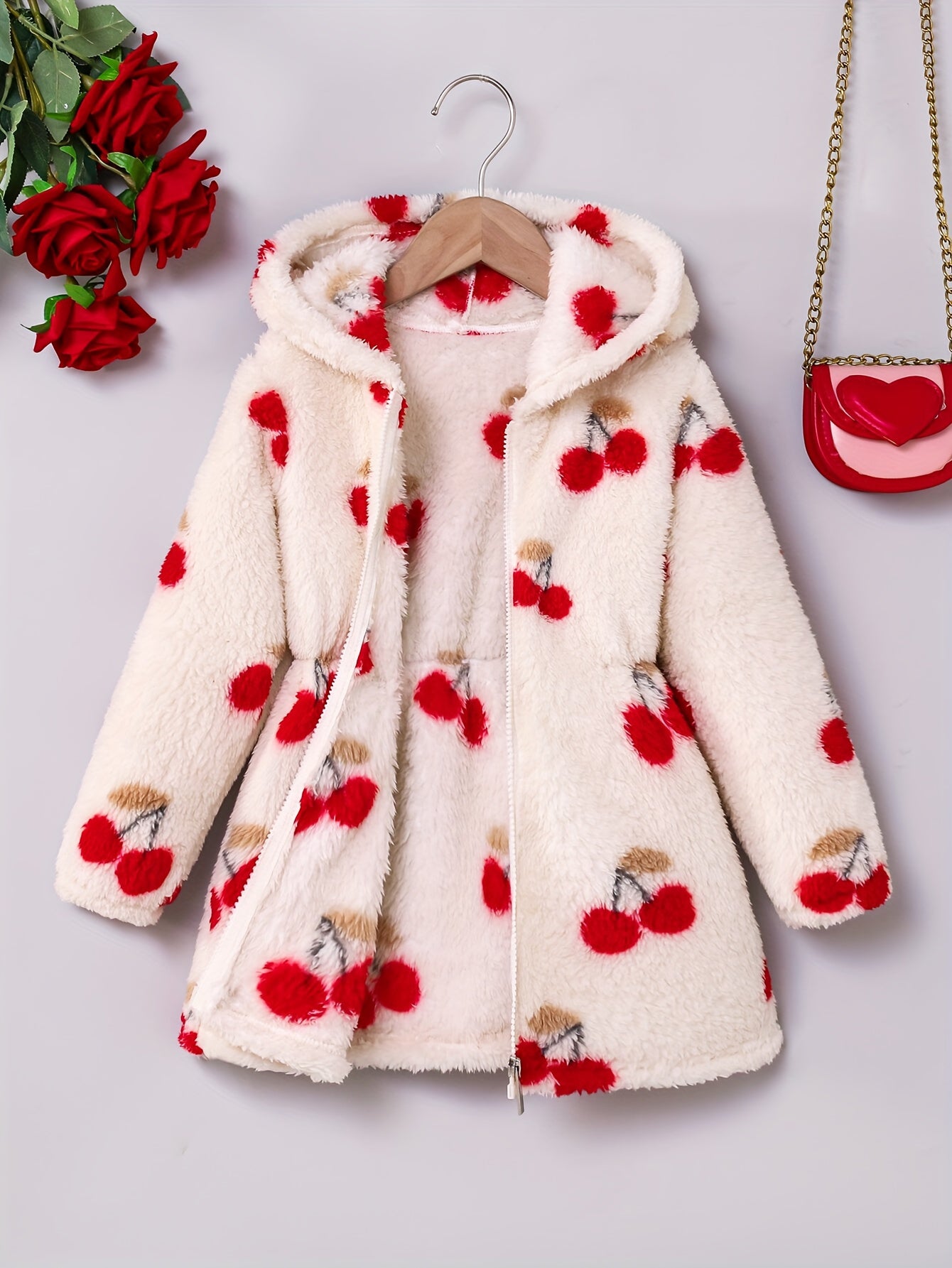 ' Cherry Print Hooded Full-Zip Hoodie Jacket - Soft Furry Winter Coat with Full-Zip Closure, Cherry Pattern & Hooded Collar, Machine Washable Warm Outerwear, Playdates, - Cozy Fall & Winter Clothes