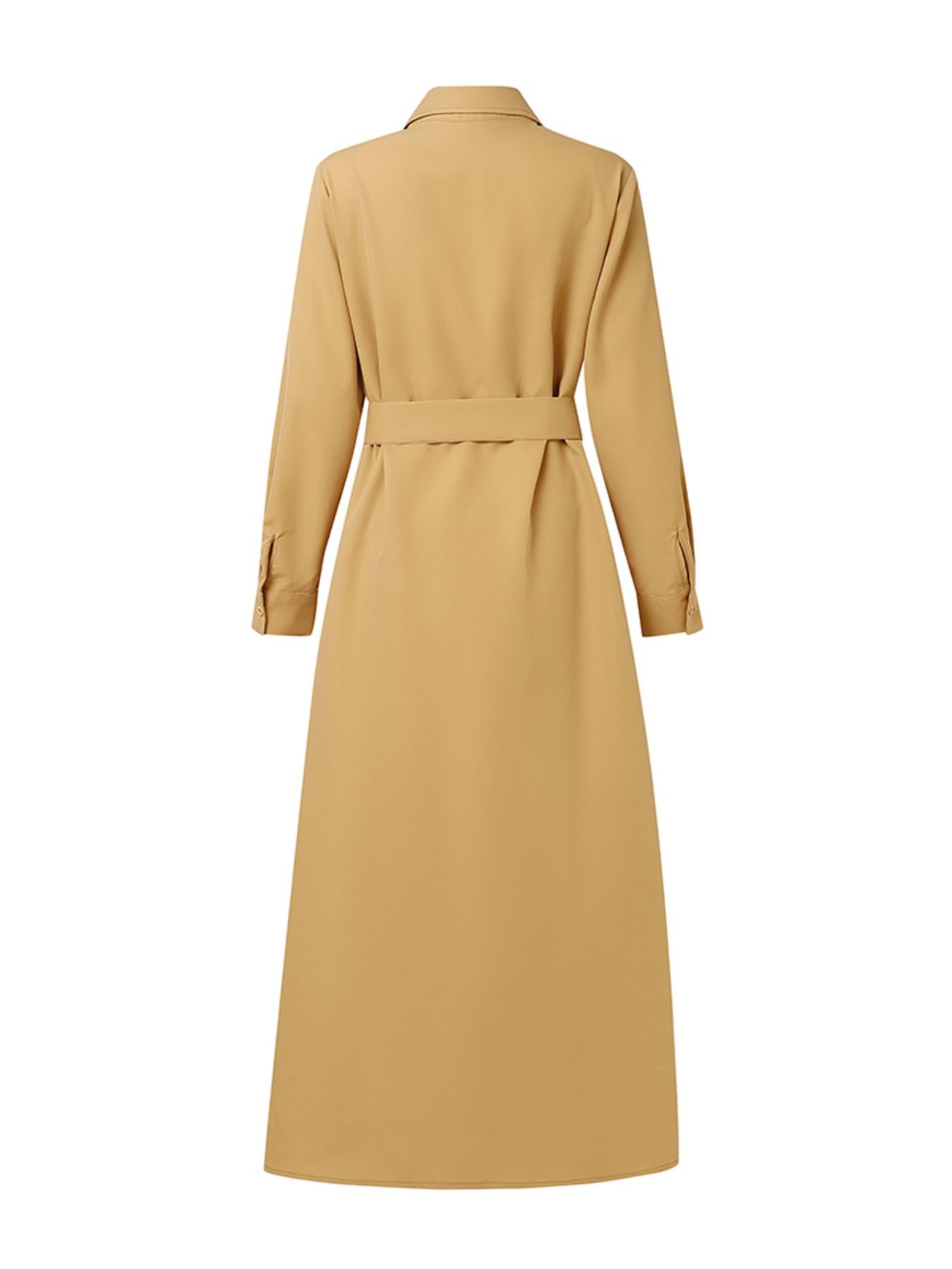 A Sophisticated Long-Sleeve Shirt Dress for Women Featuring a Lapel Collar, Single-Breasted Design, And a Tied Waist, Perfect for Casual Outdoor Commutes in an All-Matching Maxi Style