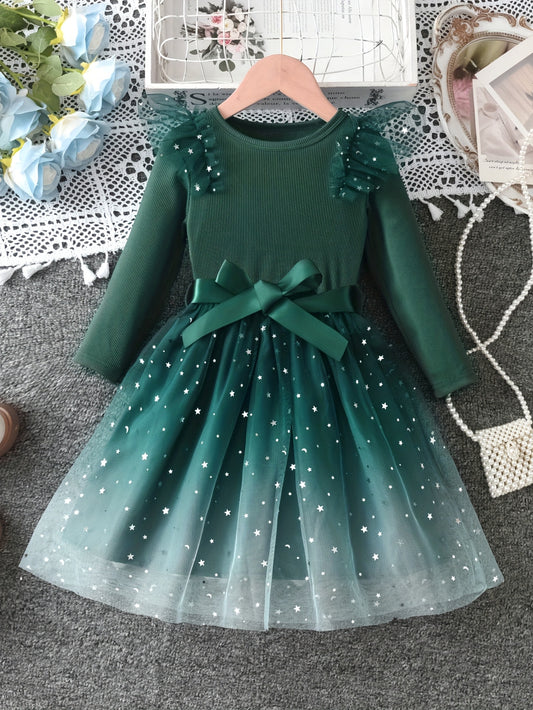 A Little Dress Featuring Star Sequins with Striped Patchwork And a Gradient Tulle Design, Complete with a Belt And Bow. This Cute And Casual Long-Sleeve Dress Is Perfect for Everyday Wear in Spring And Autumn, As Well As for