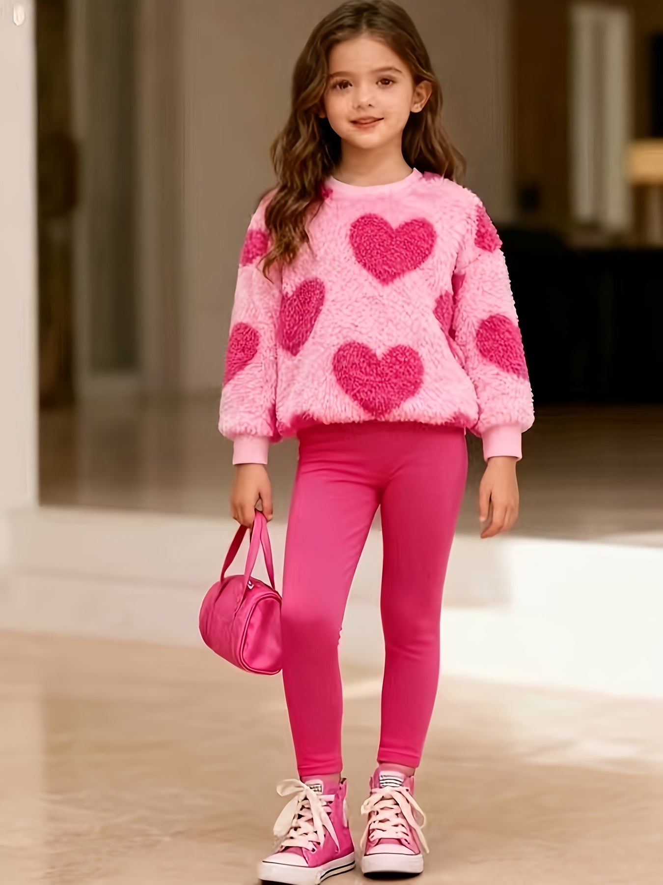 2pcs Girls' Cozy Fleece Sweatsuit Set - Soft Pink Heart Print Long Sleeve Pullover & Leggings, Machine Washable Autumn/Winter Clothes, Stretchy Winter Outfit with Heart Pattern, Round Neck Casual Playwear, for Outdoor, Knit,