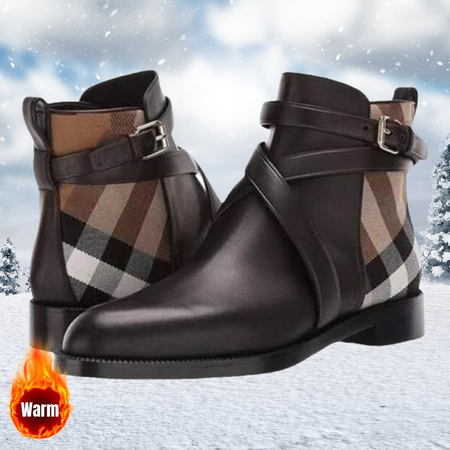 Ankle Boots for Women with a Plaid Design And Buckle Accents, Offering a Blend of Elegant Casual And Adaptable Styles, Perfect for Relaxed Office Days And Urban Strolls on Weekends, Enhanced by a Low Chunky Heel And Timeless