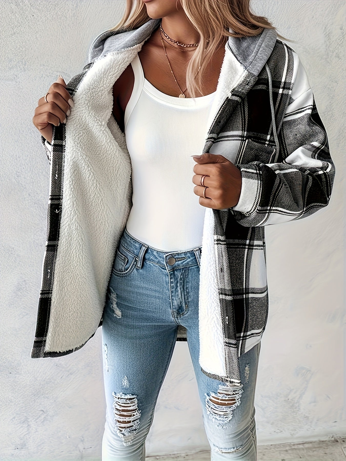 Women'S Oversized Checkered Jacket with Fleece Lining - Hooded Plaid Coat, Long Sleeve Casual Winter Spring Fall Outerwear, Brown/Black/Gray/Beige Tartan Pattern, Machine Washable Relaxed Fit Jacket for Everyday & Formal Outf
