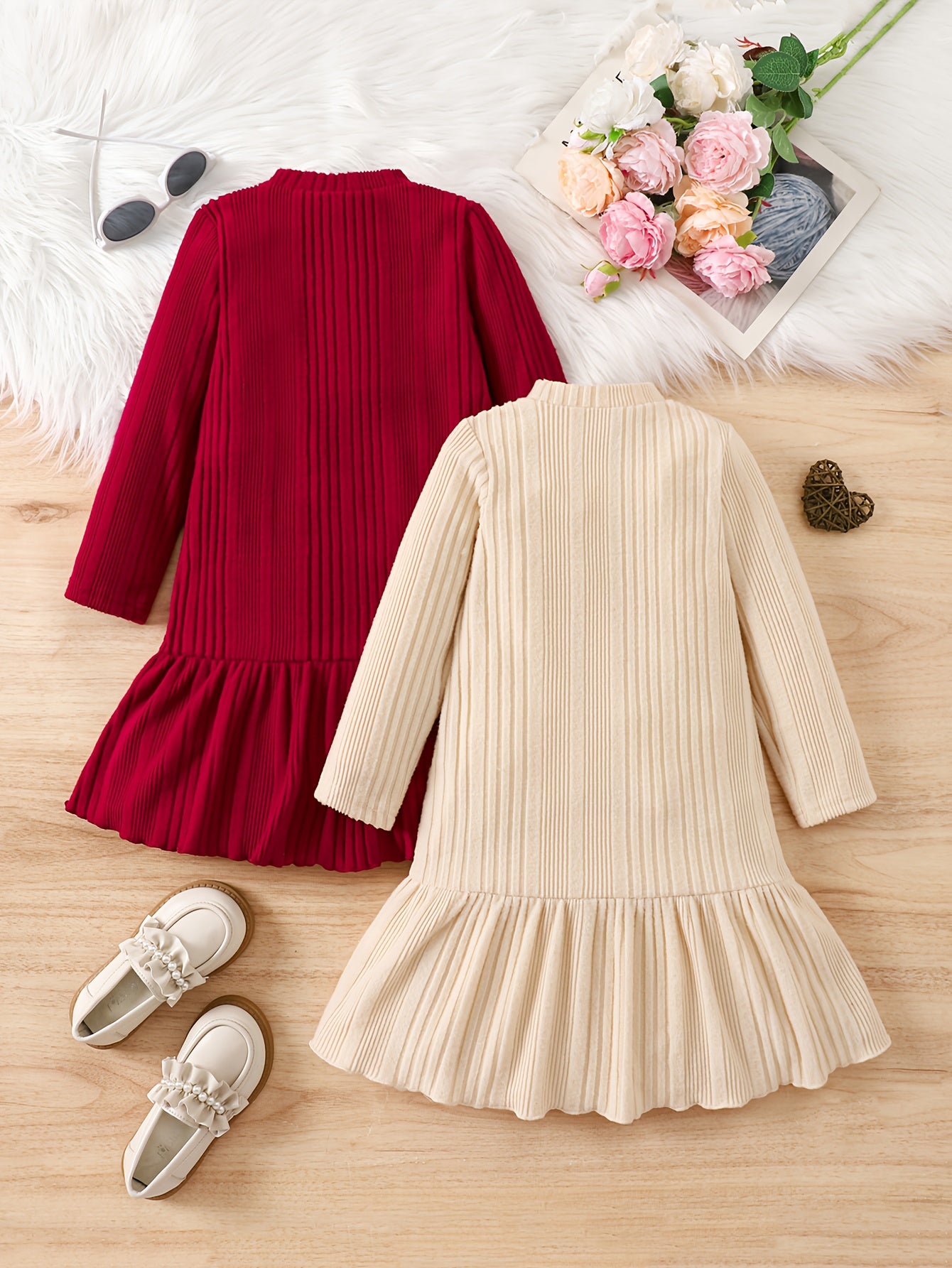 Girls' Casual Knit Two-Piece Dress with High Neck, Ruffled Hem and Button Decor - Knee-Length, Long Sleeve, and Burgundy Set - Perfect for Home, Outdoor, and Parties - Spring/Fall Seasonal Wear, Cute Dresses