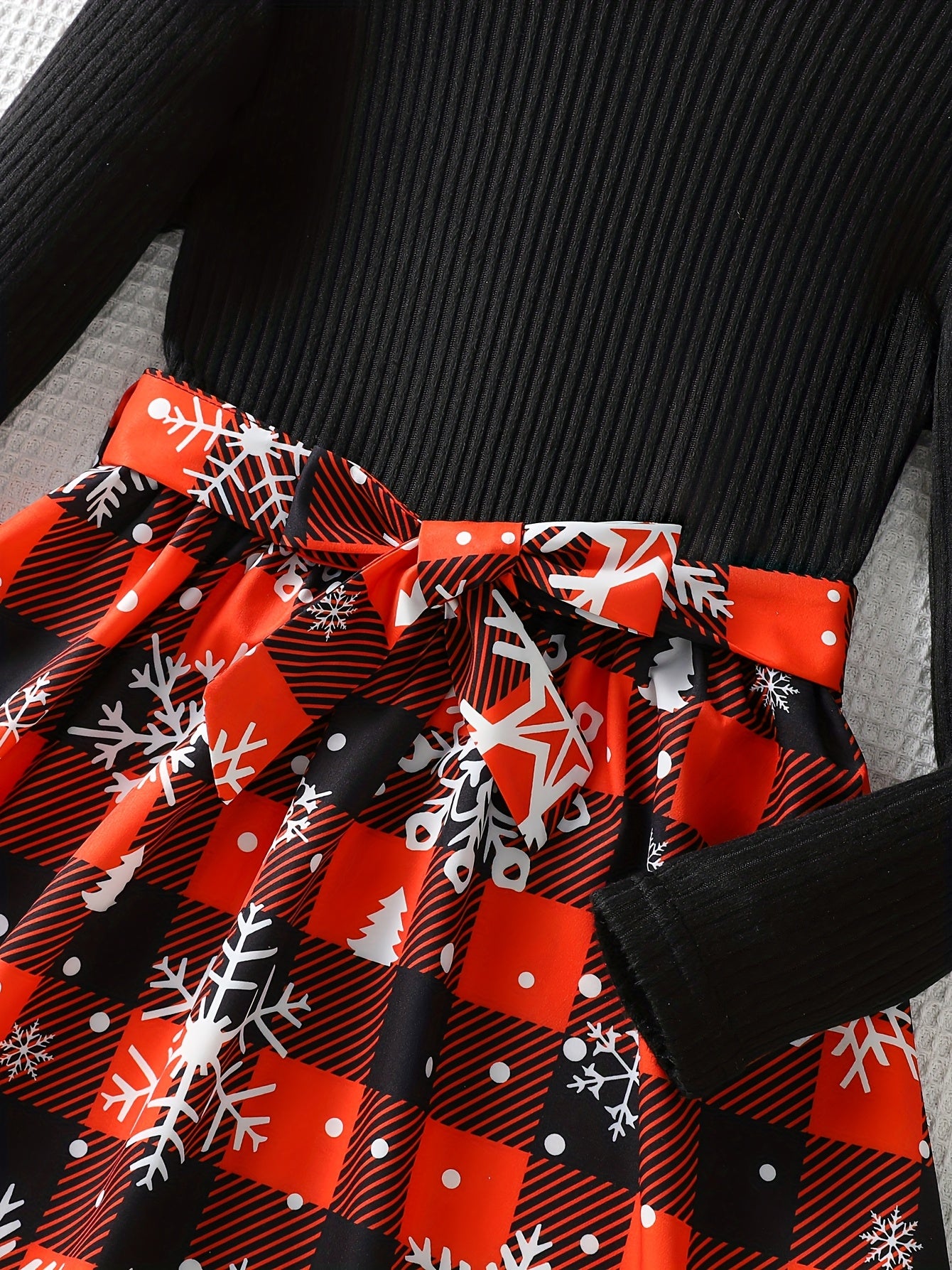 Girls' Festive Christmas Plaid Red Dress with Snowflake Print - Casual A-Line Skirt with Belt, Black & Red Check Pattern, Long Sleeves, Perfect for Fall/Winter Celebrations, Casual Winter Wear | Belted Waist Dress | Comfortab