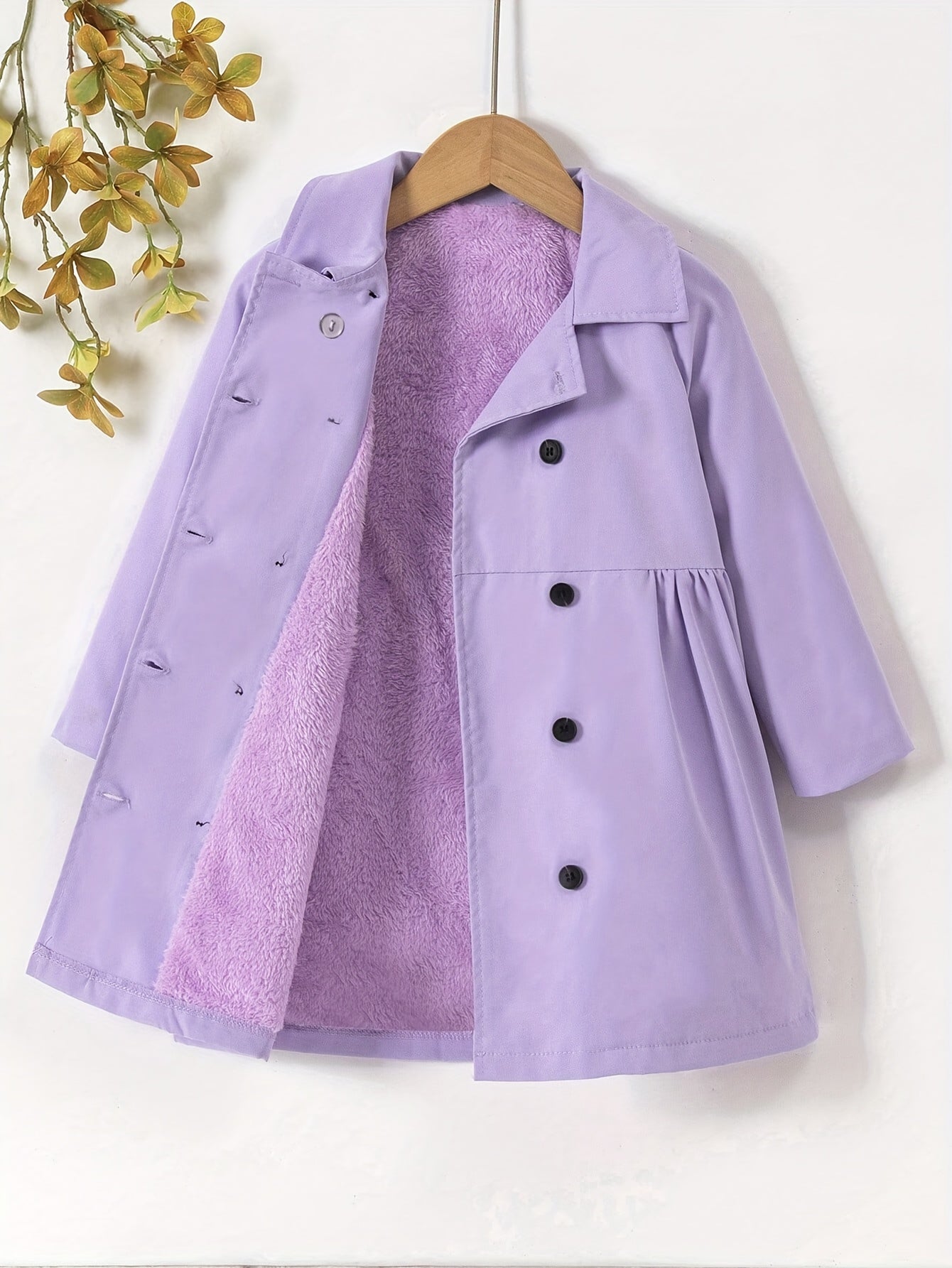 Girls' Cozy Fleece-Lined Double-Breasted Jacket - Solid Color Long Sleeve Casual Coat with Lapel Collar, Button Front & Side Pockets for Fall/Winter Outdoor Play, Hiking & Casual Attire, Hiking Apparel, Durable Outerwear, Gir