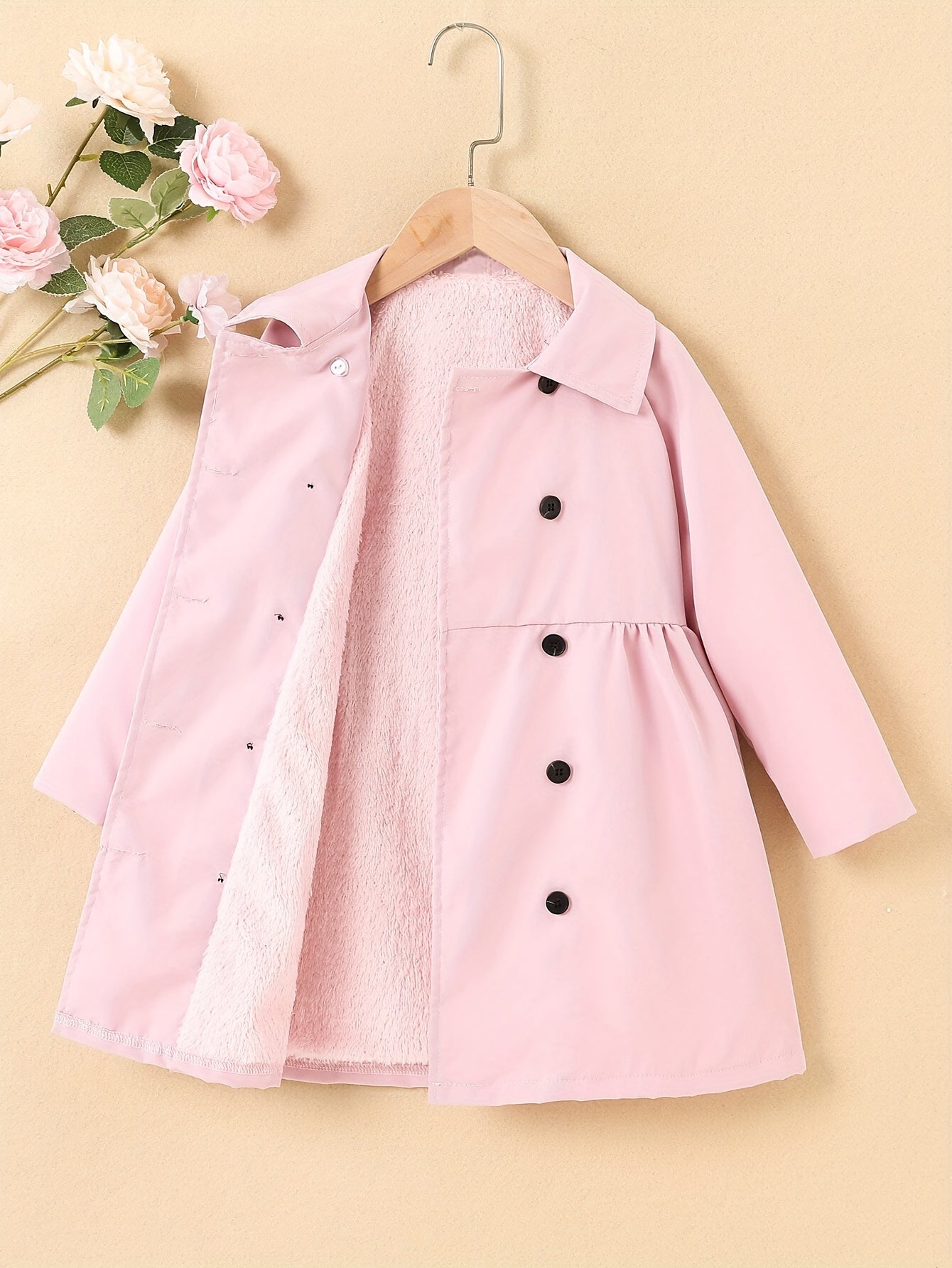 Girls' Cozy Fleece-Lined Double-Breasted Jacket - Solid Color Long Sleeve Casual Coat with Lapel Collar, Button Front & Side Pockets for Fall/Winter Outdoor Play, Hiking & Casual Attire, Hiking Apparel, Durable Outerwear, Gir