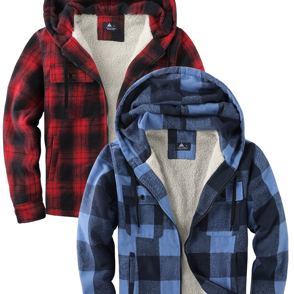 2pcs Men's Heavy Duty Sweater Hooded Jacket - Fully Zipped Thick Snow Mountain Lined Flannel Plaid Shirt with Pockets, Casual Style, Perfect for Fall And Winter, Hooded Collar, Regular Fit, Plaid Pattern, Men's Jacket, Cold W