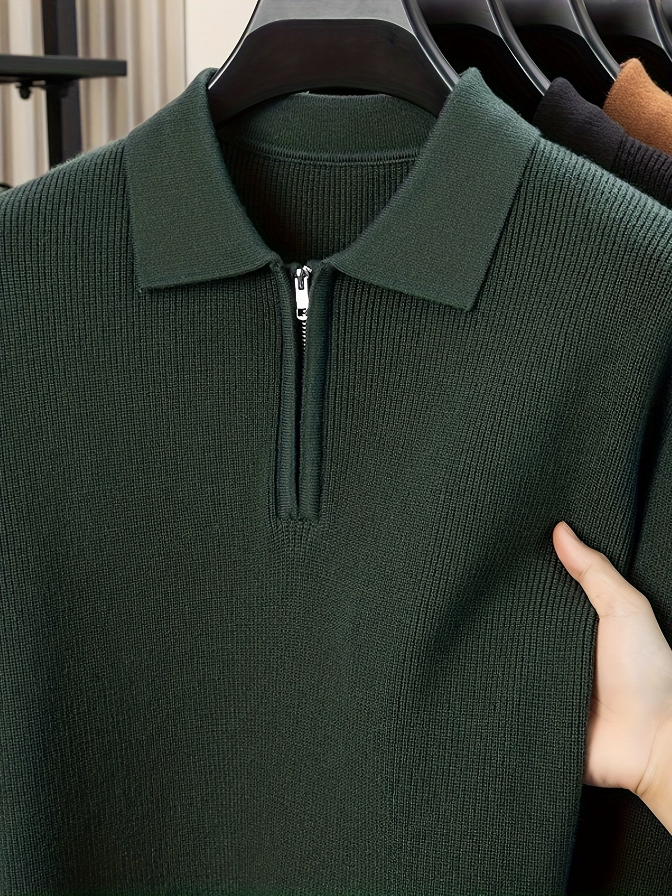 Men'S Heavyweight Thick Sweater - Slim-Fit Long Sleeve Winter Warmth, Square Neck & Drop Shoulder Design, Solid Brown/Red Elegant Knitwear, Durable Half-Zip Front Closure, Casual & Formal Office Wear, High-Stretch Fabric for