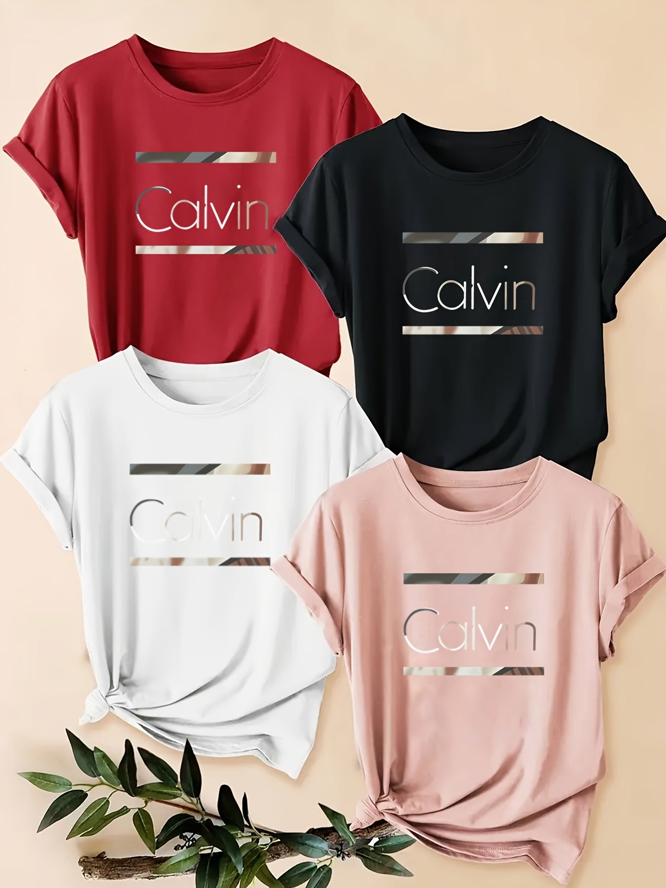 [Basic T-Shirts] 4pcs Basic Women's Letter Print Round Neck Short Sleeve T-Shirts