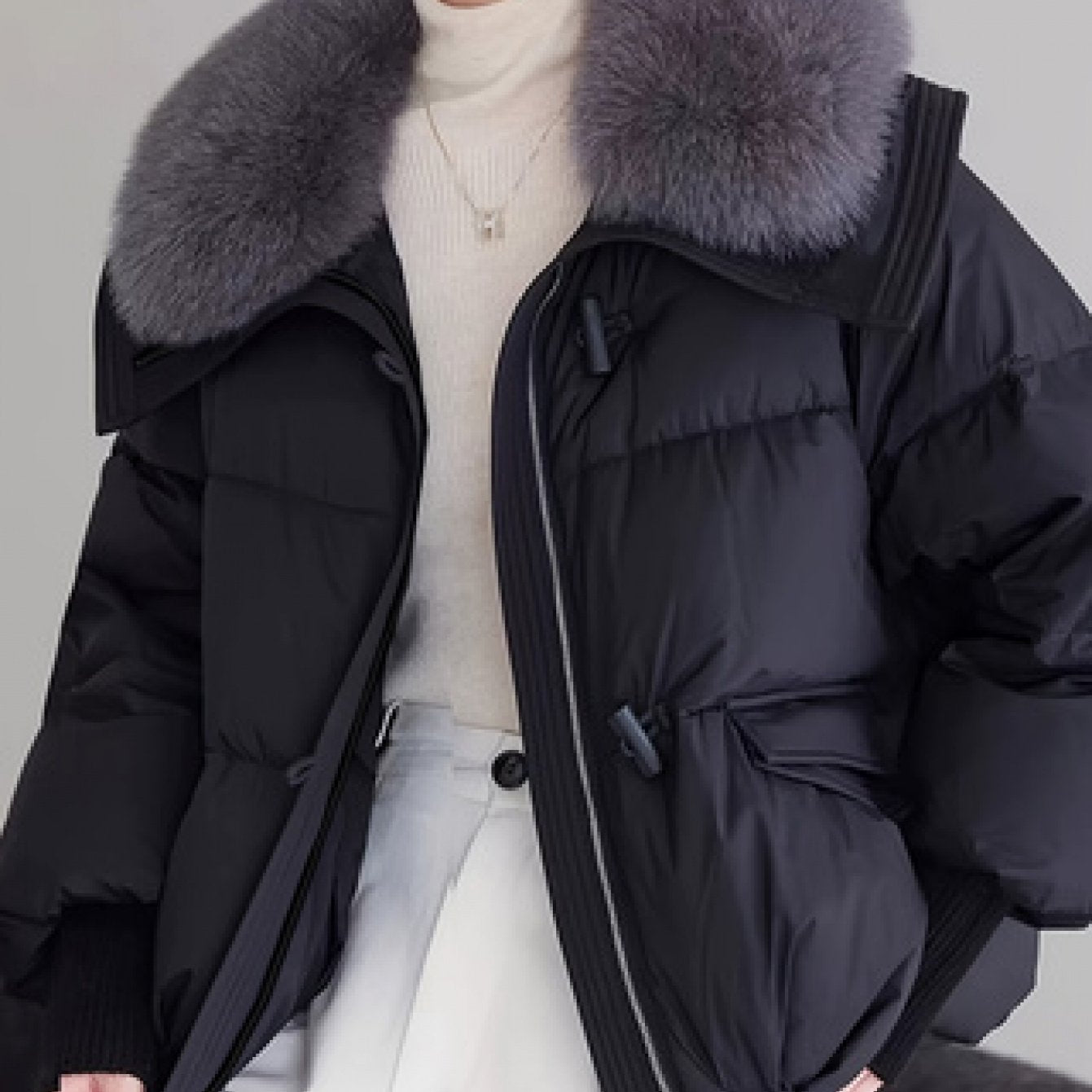 Women's Elegant Faux Fur Hooded Jacket with Thickened Fleece Lining - Windproof Winter Coat, Full-Zip Insulated Outerwear, Slim-Fit Warm Jacket with Pockets for Casual & Formal (White/Light Grey) - Cozy Fall & Winter Jacket