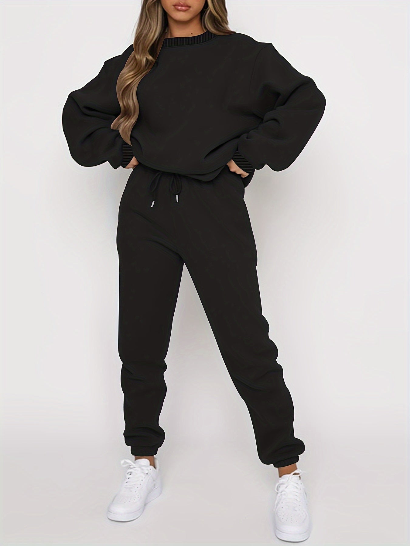 Women's Autumn And Winter Simple Solid Color Loose Pullover Sweatshirt + Solid Color Elastic Waist Pants Casual, Fashionable, Temperamental, Commuting, Versatile Two-Piece Set