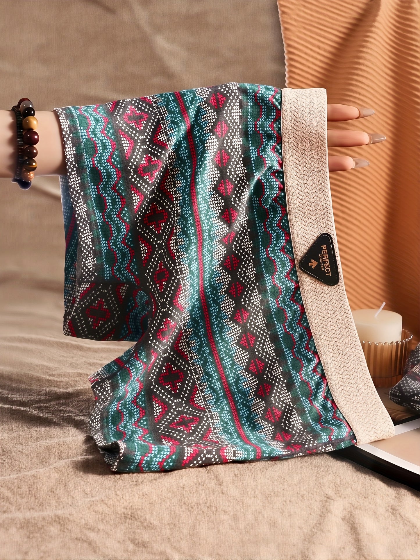 4pcs Women's Ethnic Tribal Print Shorts Underwear - Anti-Chafing Yoga Pants, Soft Mid-Waist Breathable Briefs with Boho Multi-Color (Turquoise/Beige/Brown/Red) Patterns for Gym, Dance & Daily Wear - Machine Washable Safety Sh