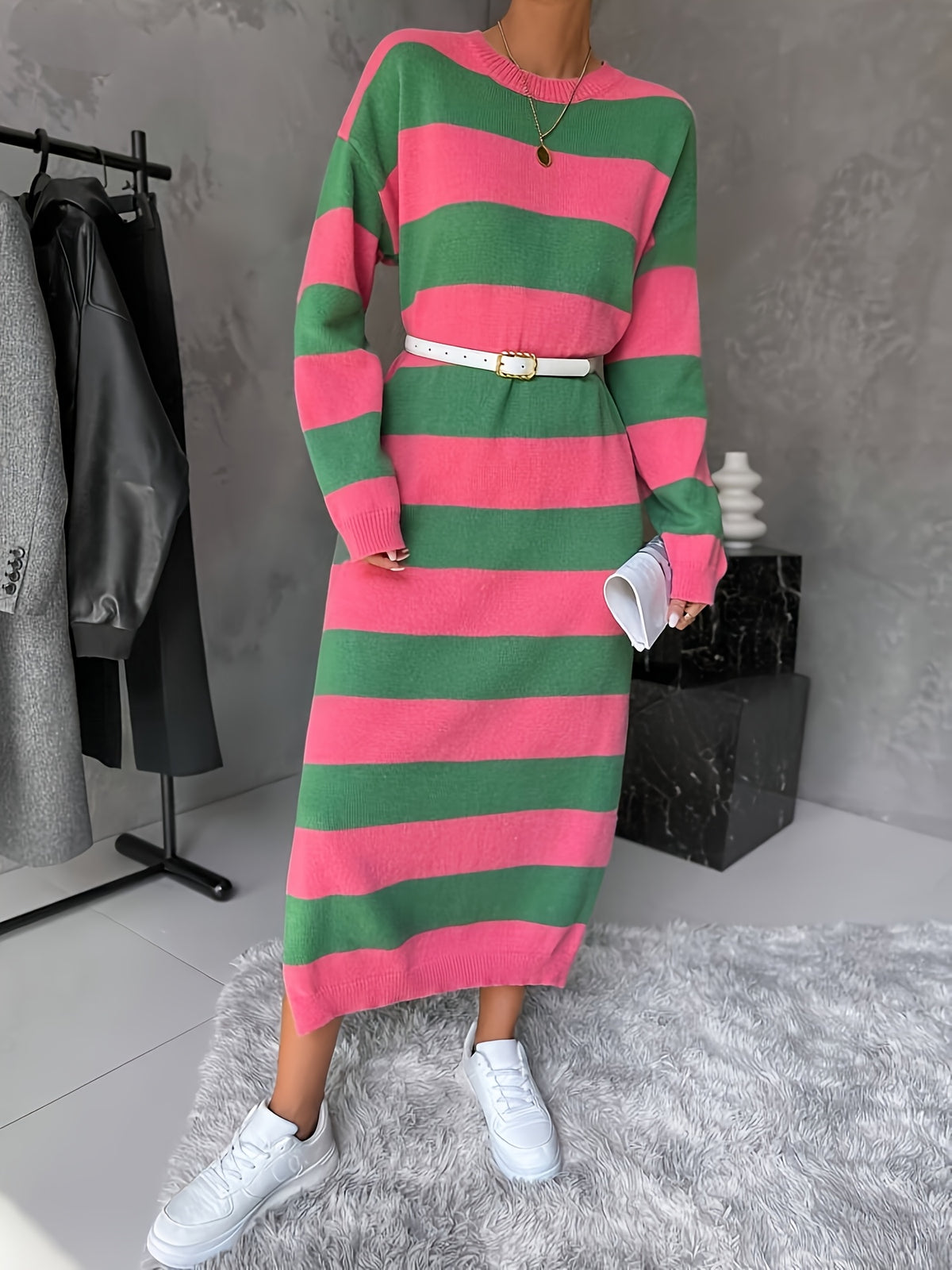 Women'S Elegant Striped Sweater Dress - Long Sleeve Round Neck Winter Dress with Drop Shoulder & Slit Hem, Loose Fit Casual to Formal Outfits, Warm Fall/winter Clothing For Parties, Thanksgiving, Christmas Gifts, Party Attire
