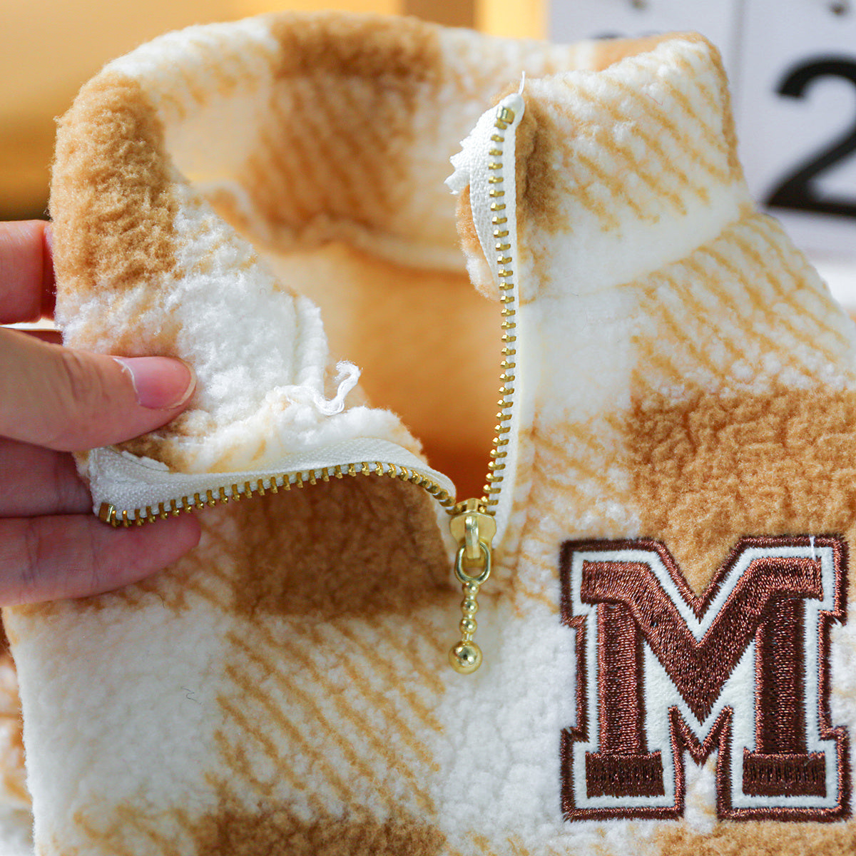 Brown Plaid Letter Embroidered Dog Coat with White Patches - Zippered Winter Jacket for Small & Medium Breeds (Bichon, Pomeranian, Teddy Bichon Frise) - Warm Pullover Sweater, Easy On/Off Pet Outerwear