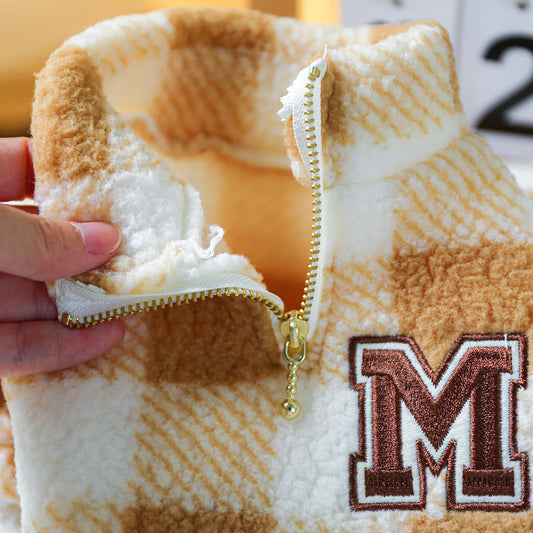 Brown Plaid Letter Embroidered Dog Coat with White Patches - Zippered Winter Jacket for Small & Medium Breeds (Bichon, Pomeranian, Teddy Bichon Frise) - Warm Pullover Sweater, Easy On/Off Pet Outerwear