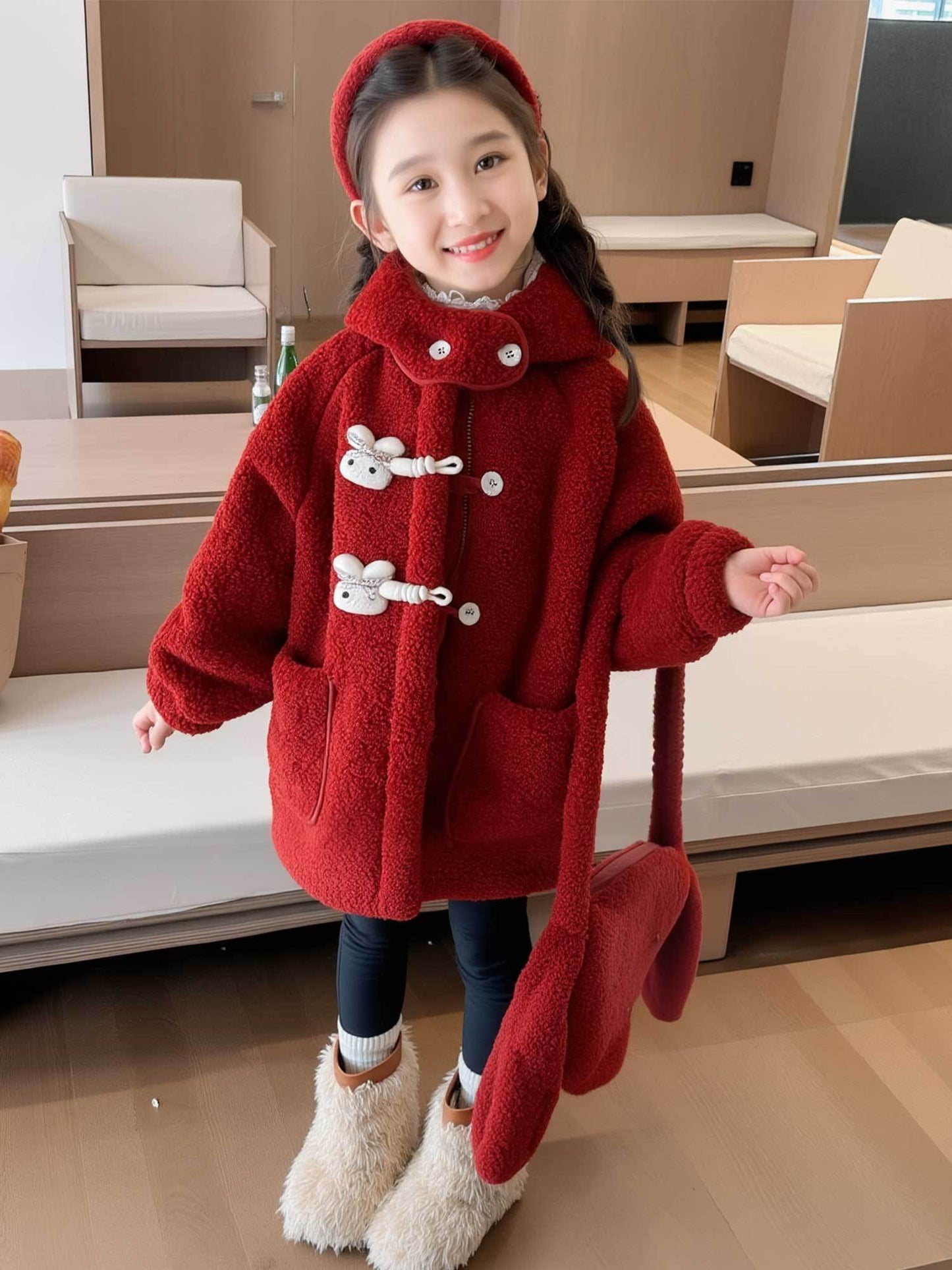 Girls' Luxury Plush Hooded Winter Coat - Thickened Warm Fleece-Like Insulation, Soft Loose-Fit Long Sleeve Jacket with Front Button Closure & Hood, Cozy Casual Outerwear for & Young Girls ( to Early Childhood) - Versatile for